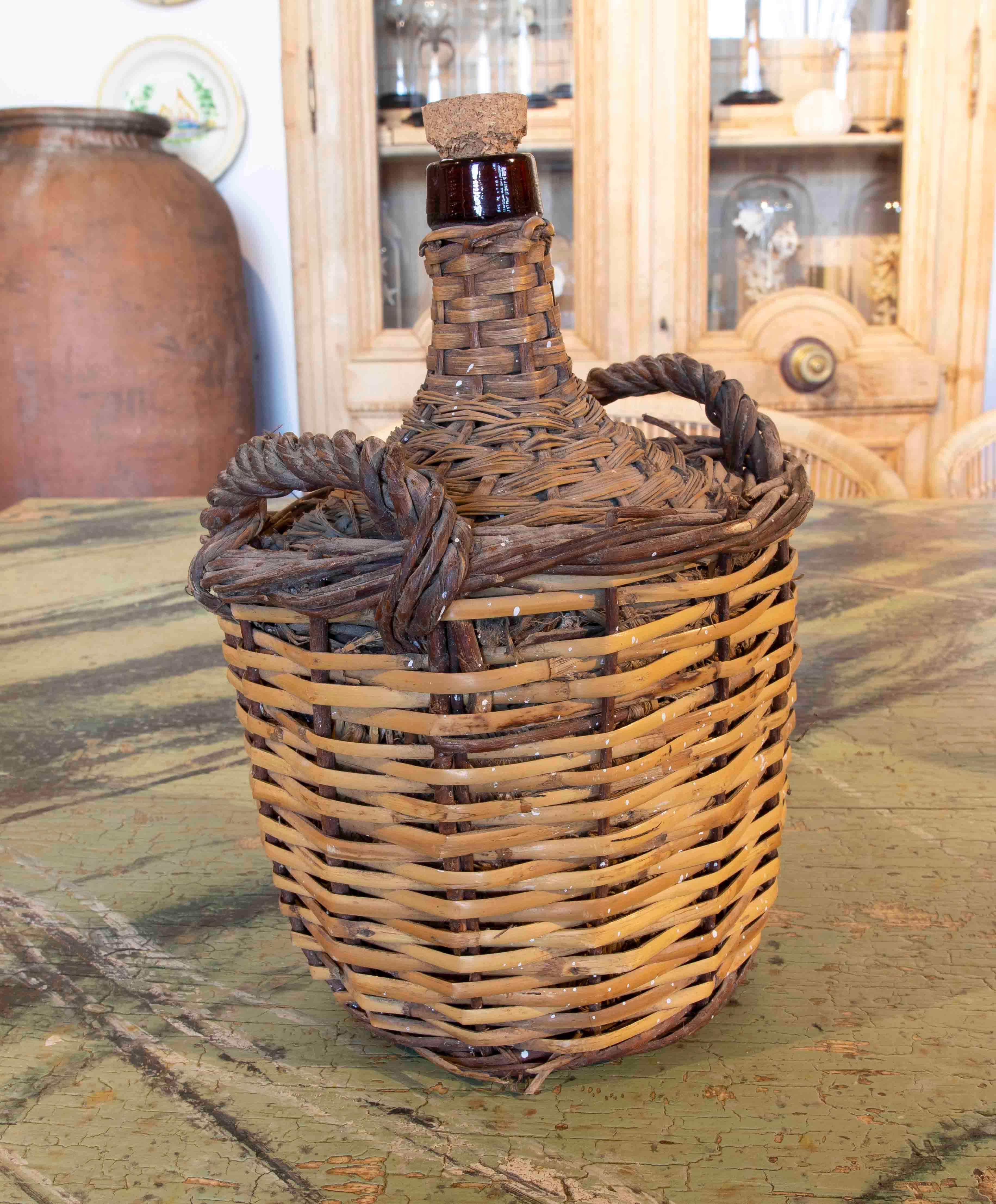 20th Century Wicker-Covered Glass Bottle Wine Holder