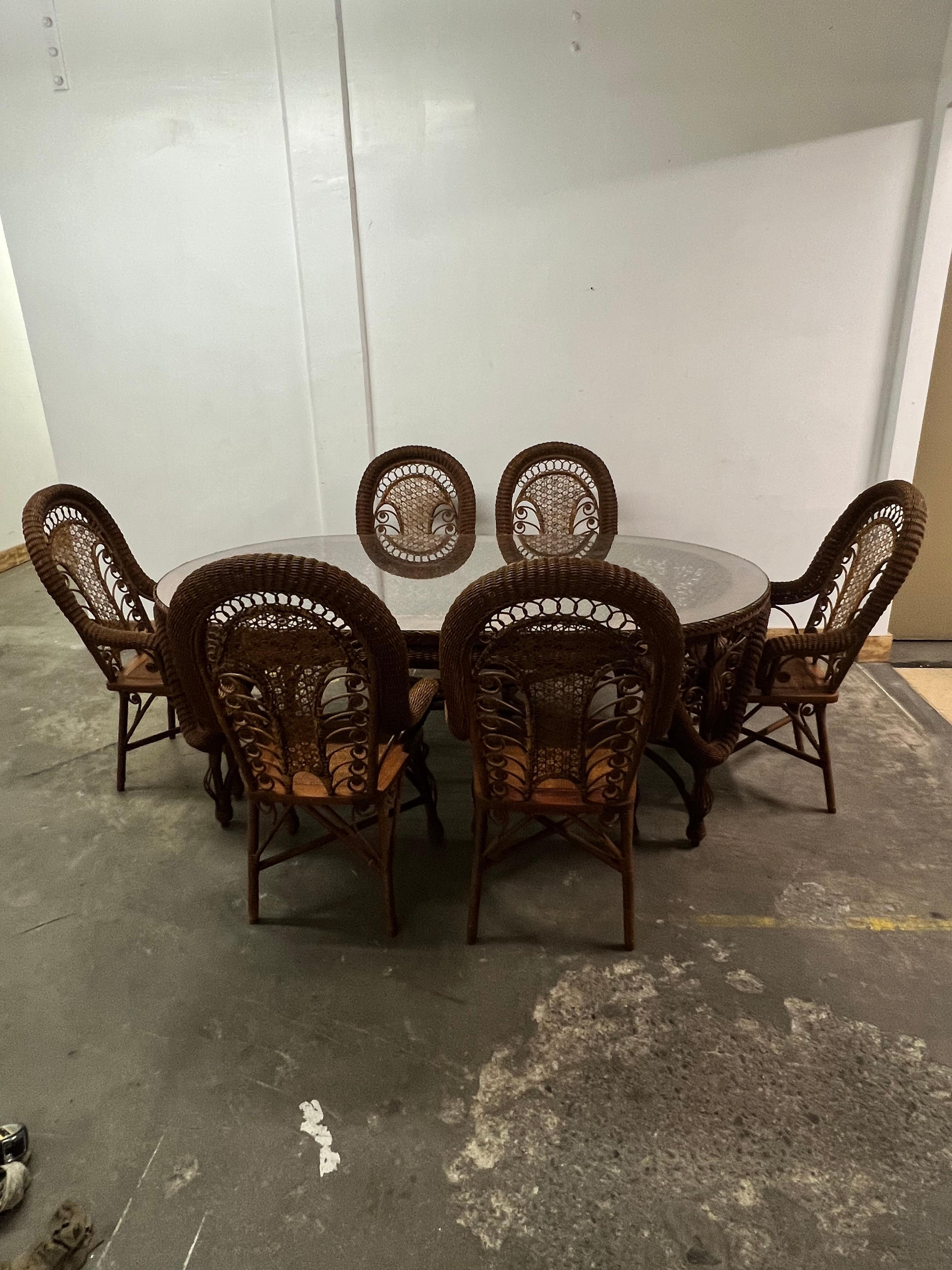 Wicker Dining Room Table with 6 Wicker Chairs For Sale 9