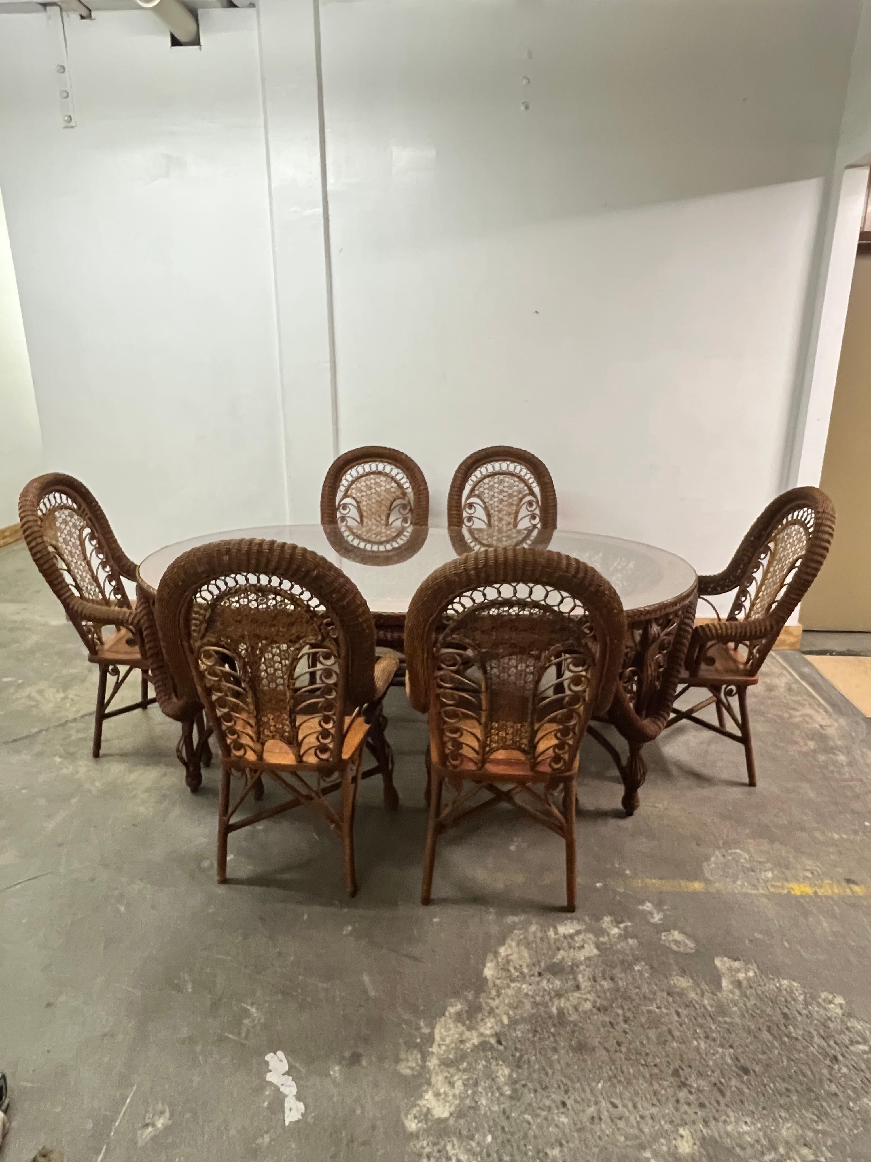 Wicker Dining Room Table with 6 Wicker Chairs For Sale 10