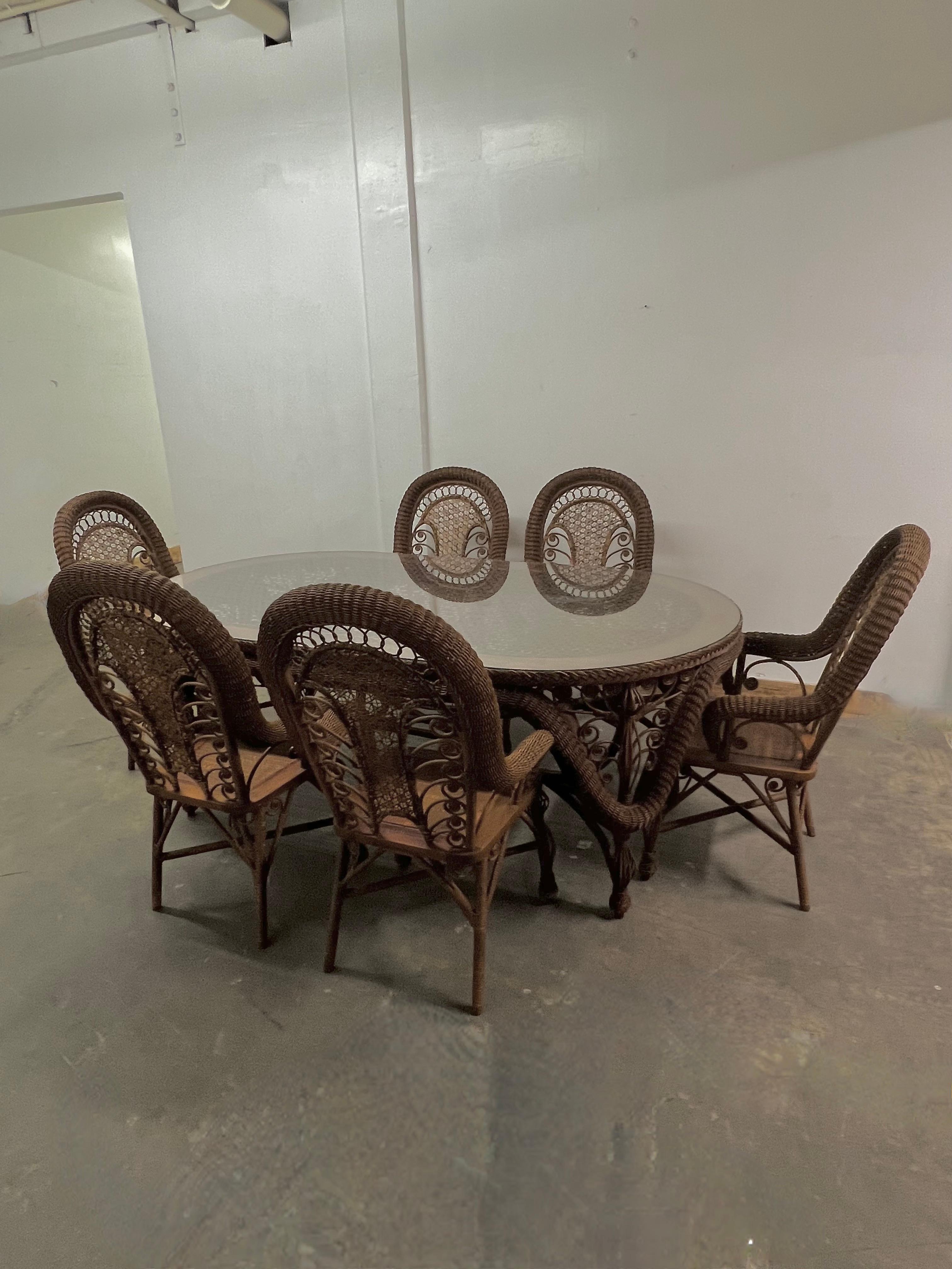 Wicker Dining Room Table with 6 Wicker Chairs For Sale 11