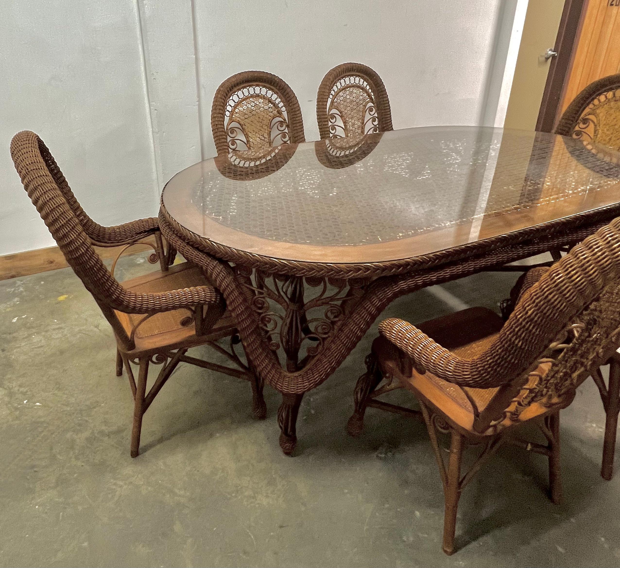 Wicker Dining Room Table with 6 Wicker Chairs For Sale 13