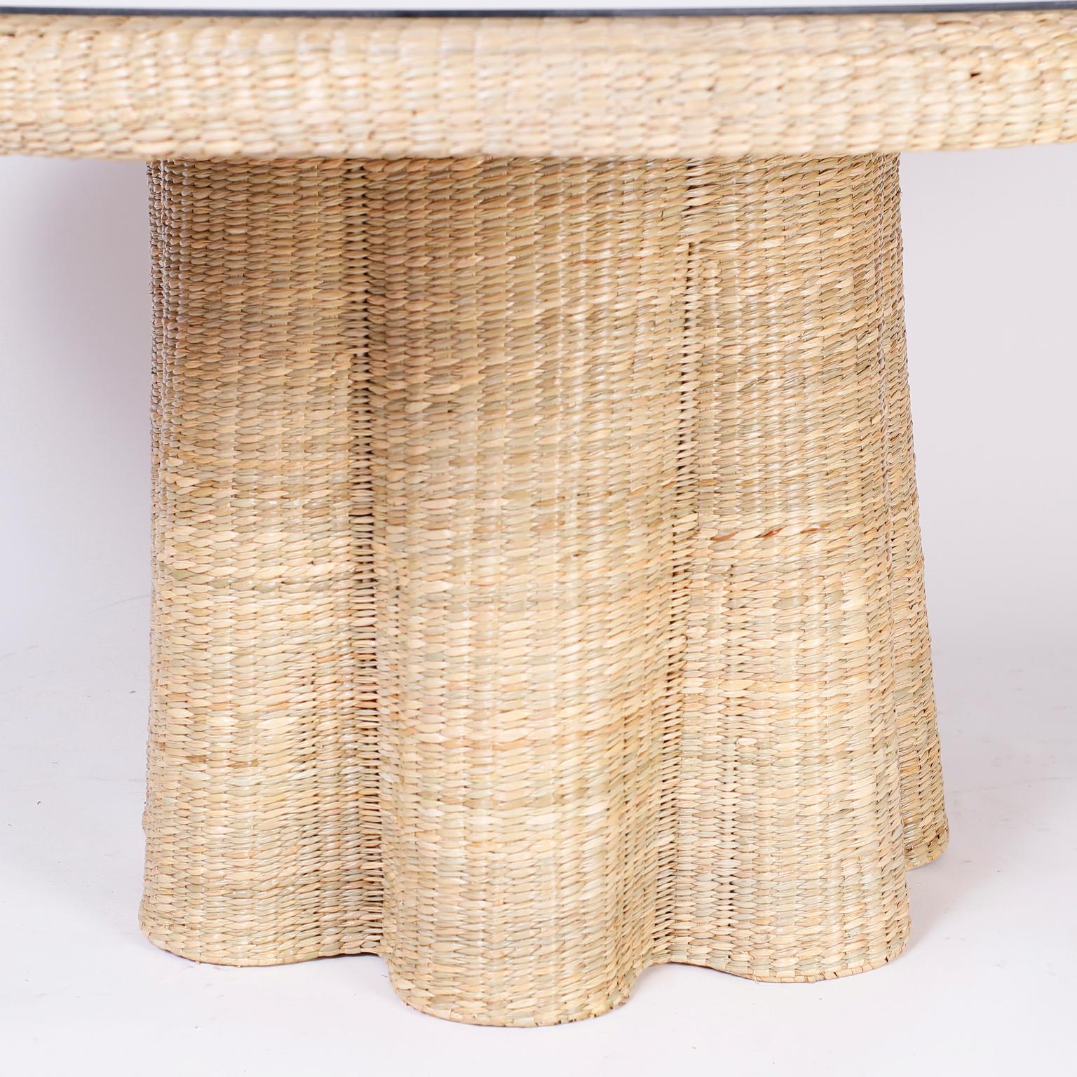 British Colonial Wicker Dining Table with a Ghost Drapery Base