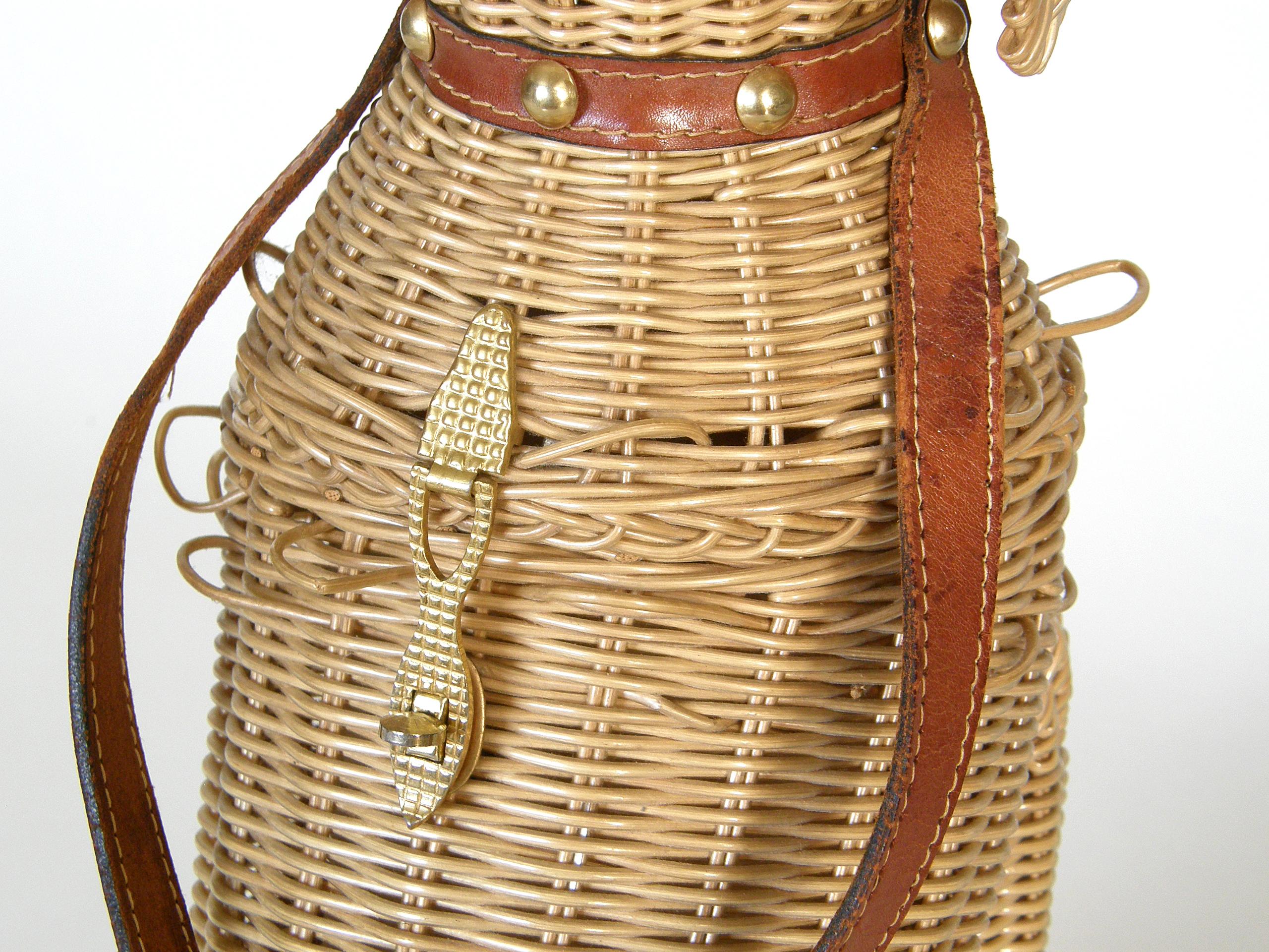 Wicker Dog Handbag by Marcus Brothers with Leather Harness and Studded Collar In Good Condition In Chicago, IL
