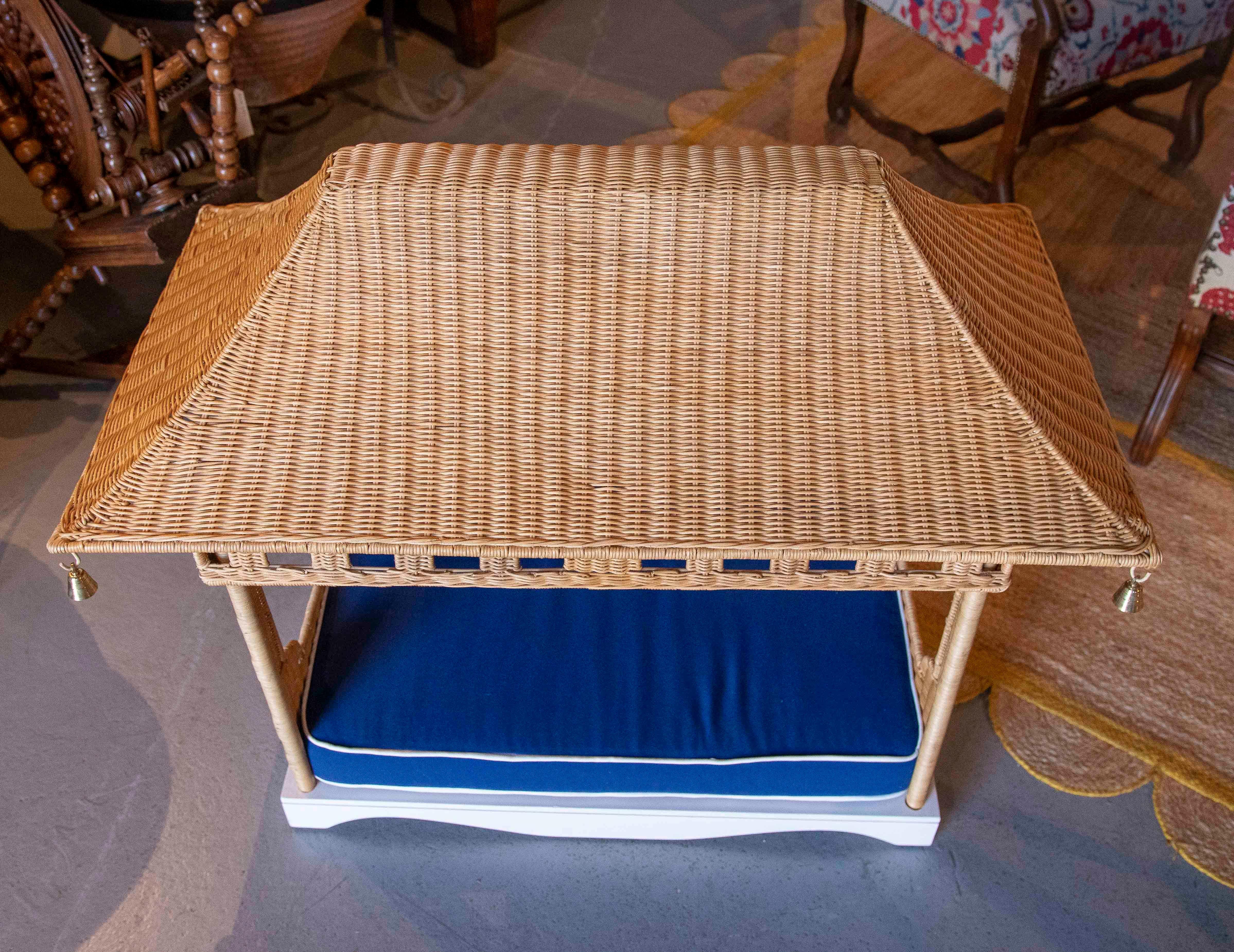Wicker Dog or Pet Bed with wooden Base and Waterproof Fabric in Blue Color