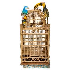 Wicker Domed Bied Cage with 3 Wood Birds Handpainted