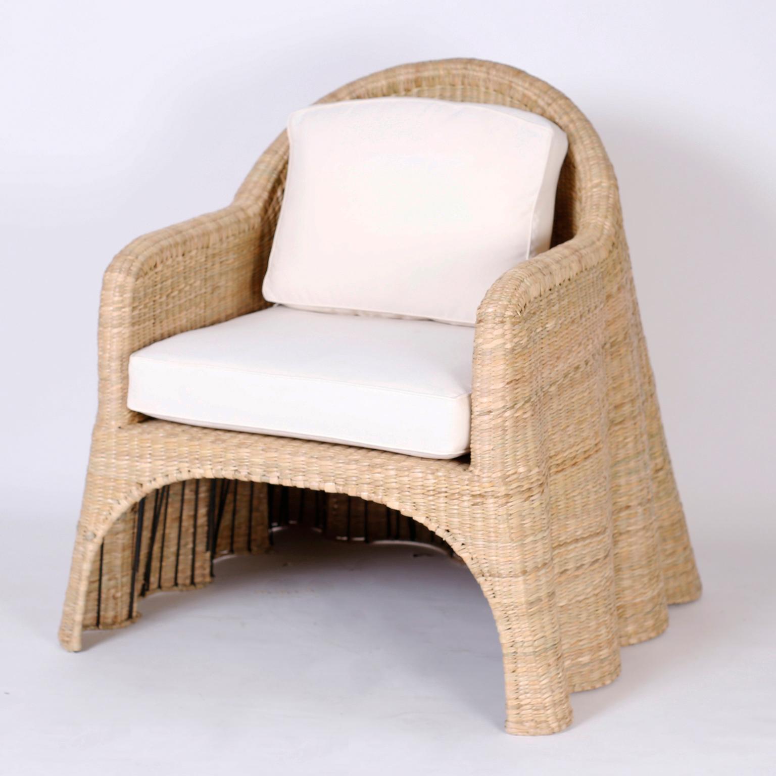 Mid-Century Modern Wicker Drapery Ghost Armchairs with Open Fronts, Priced Individually