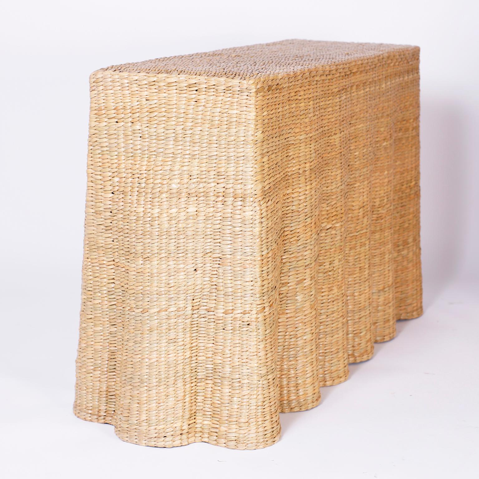 Mid-Century Modern Wicker Drapery Ghost Console from the FS Flores Collection