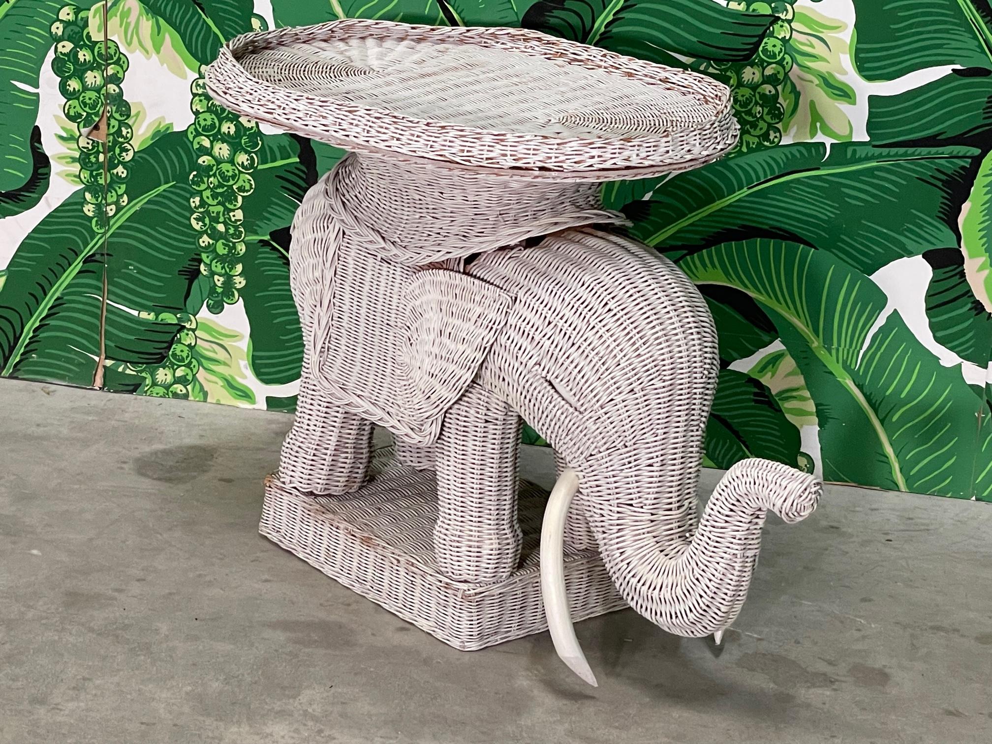 Organic Modern Wicker Elephant Boho Stool Side Table For Sale