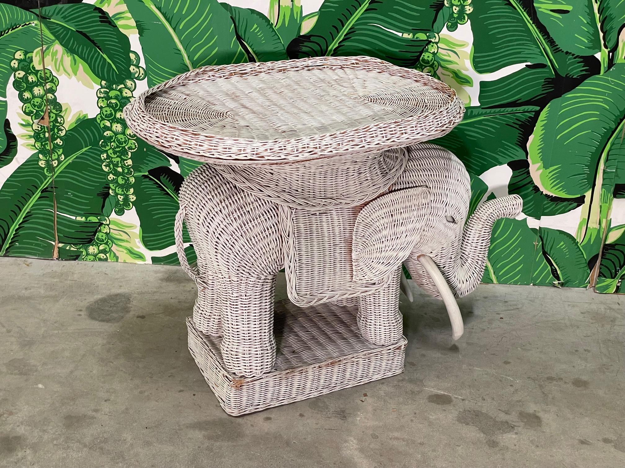 Wicker Elephant Boho Stool Side Table In Good Condition For Sale In Jacksonville, FL