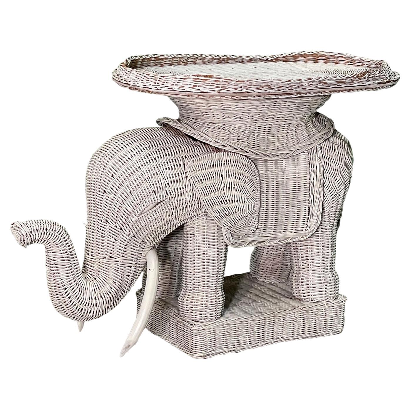Wicker Elephant Boho Stool Side Table For Sale