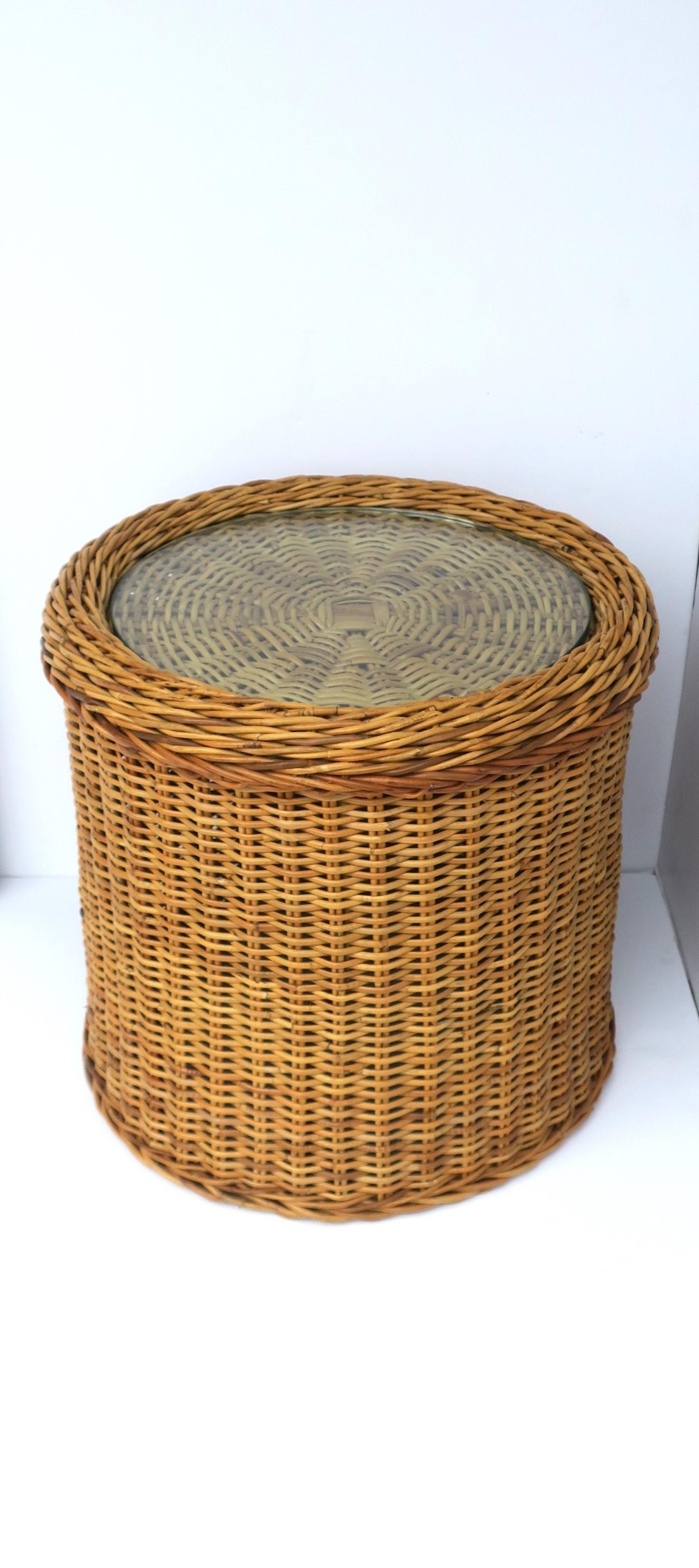 Tempered Wicker and Glass Side or End Table in the Style of McGuire For Sale