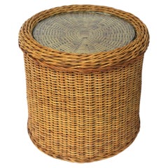 Retro Wicker and Glass Side or End Table in the Style of McGuire