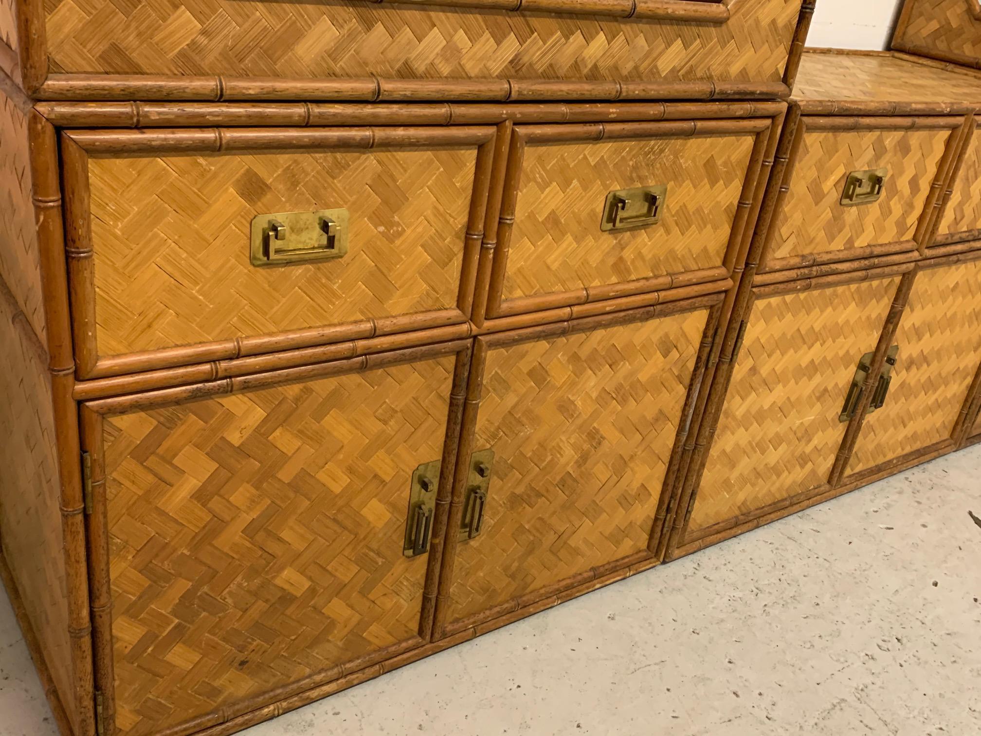 Wicker Faux Bamboo and Basketweave Cane 3-Piece Wall Unit In Good Condition In Jacksonville, FL