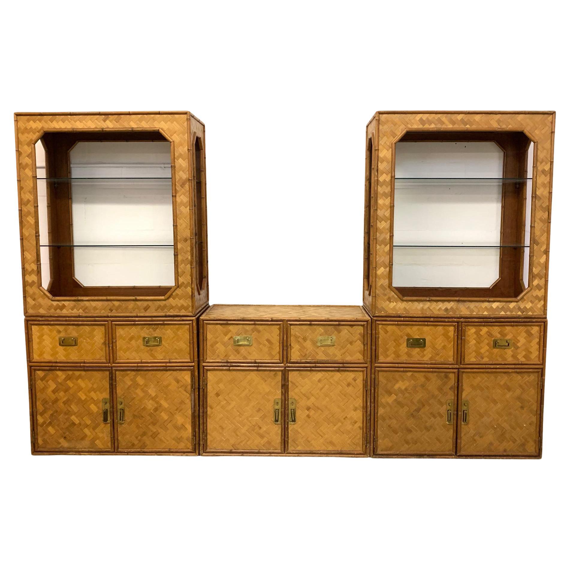 Wicker Faux Bamboo and Basketweave Cane 3-Piece Wall Unit
