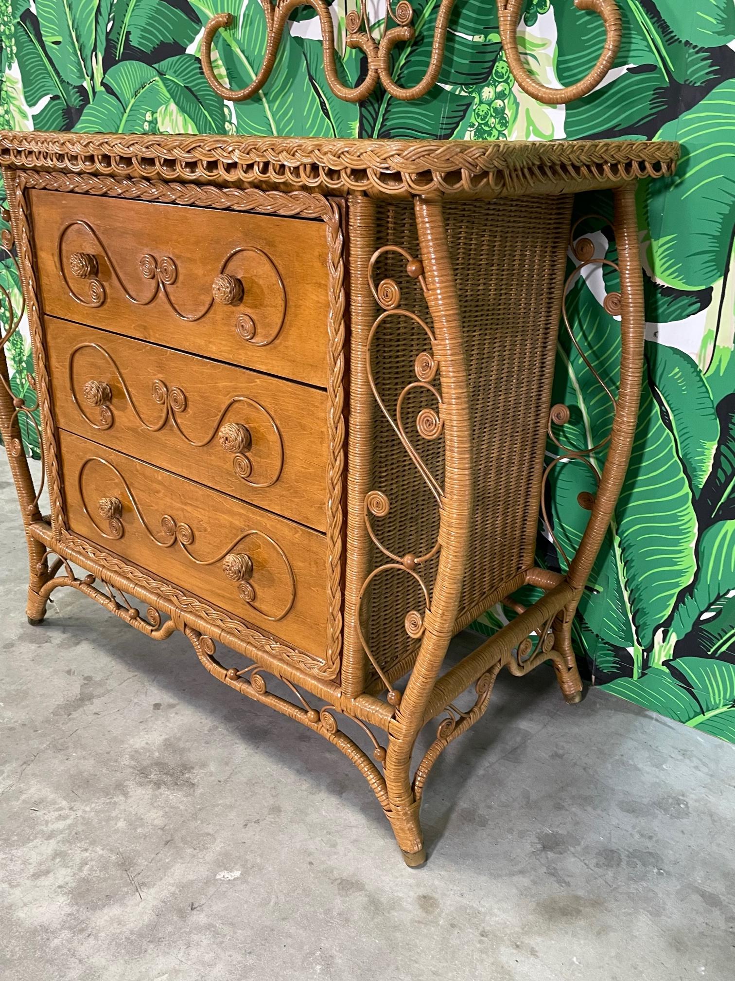 Organic Modern Wicker Fiddlehead Dresser and Mirror in the Manner of Heywood Wakefield For Sale