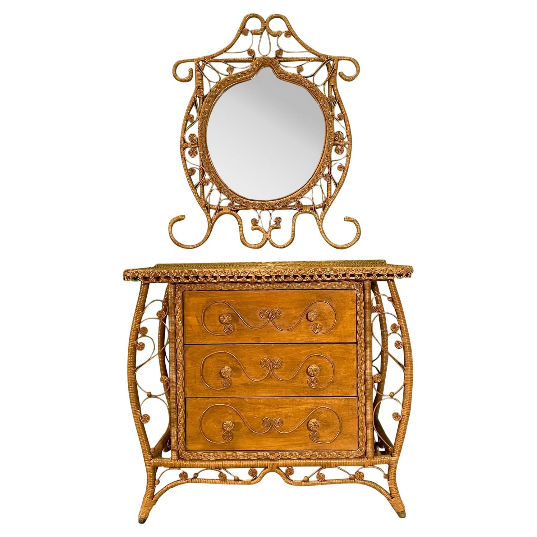 Wicker Fiddlehead Dresser and Mirror in the Manner of Heywood Wakefield For Sale