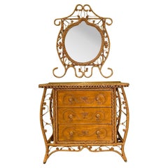 Wicker Fiddlehead Dresser and Mirror in the Manner of Heywood Wakefield