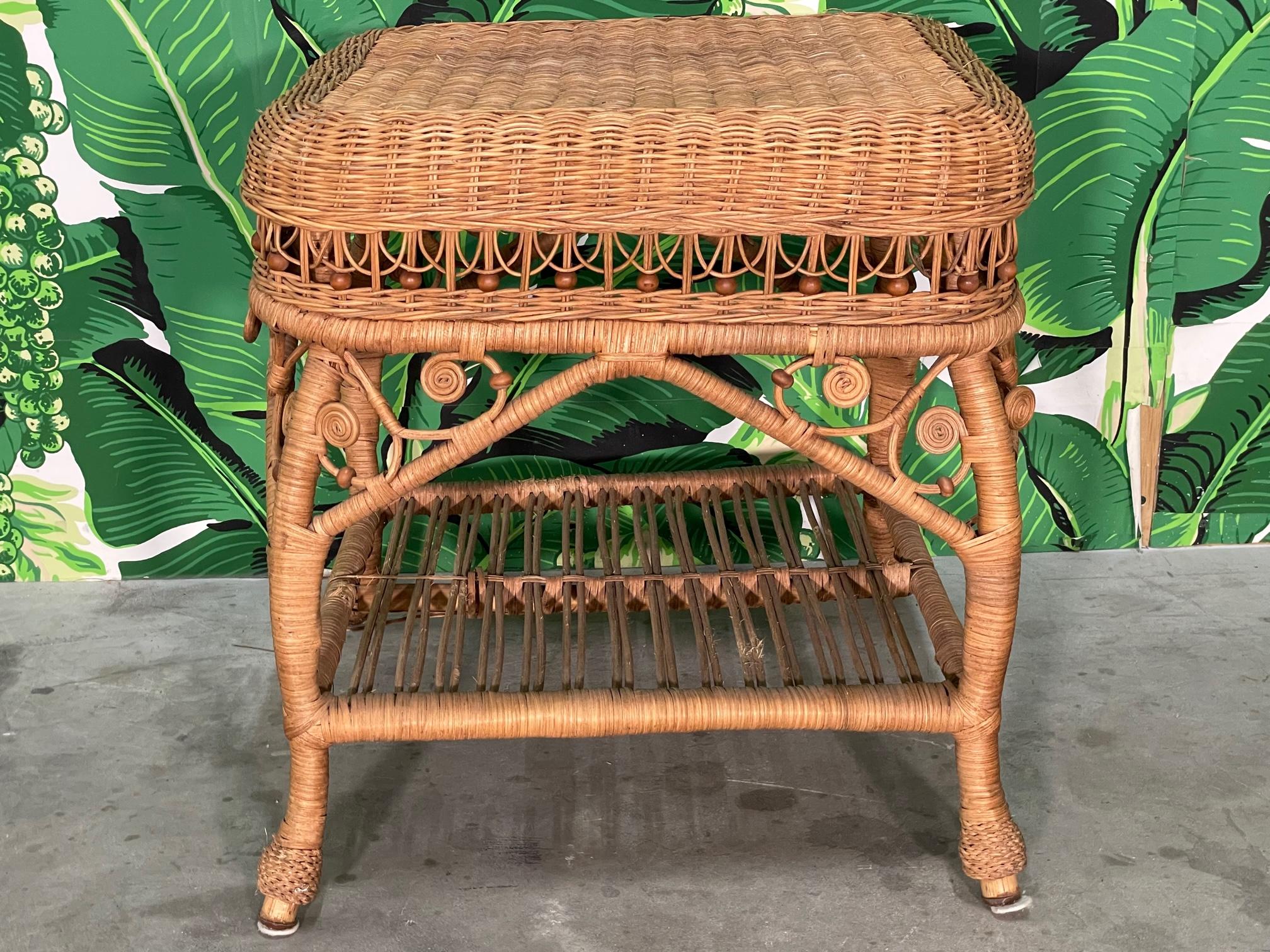 Victorian Wicker Fiddlehead Style Foot Stool or Ottoman in the Manner of Heywood Wakefield For Sale
