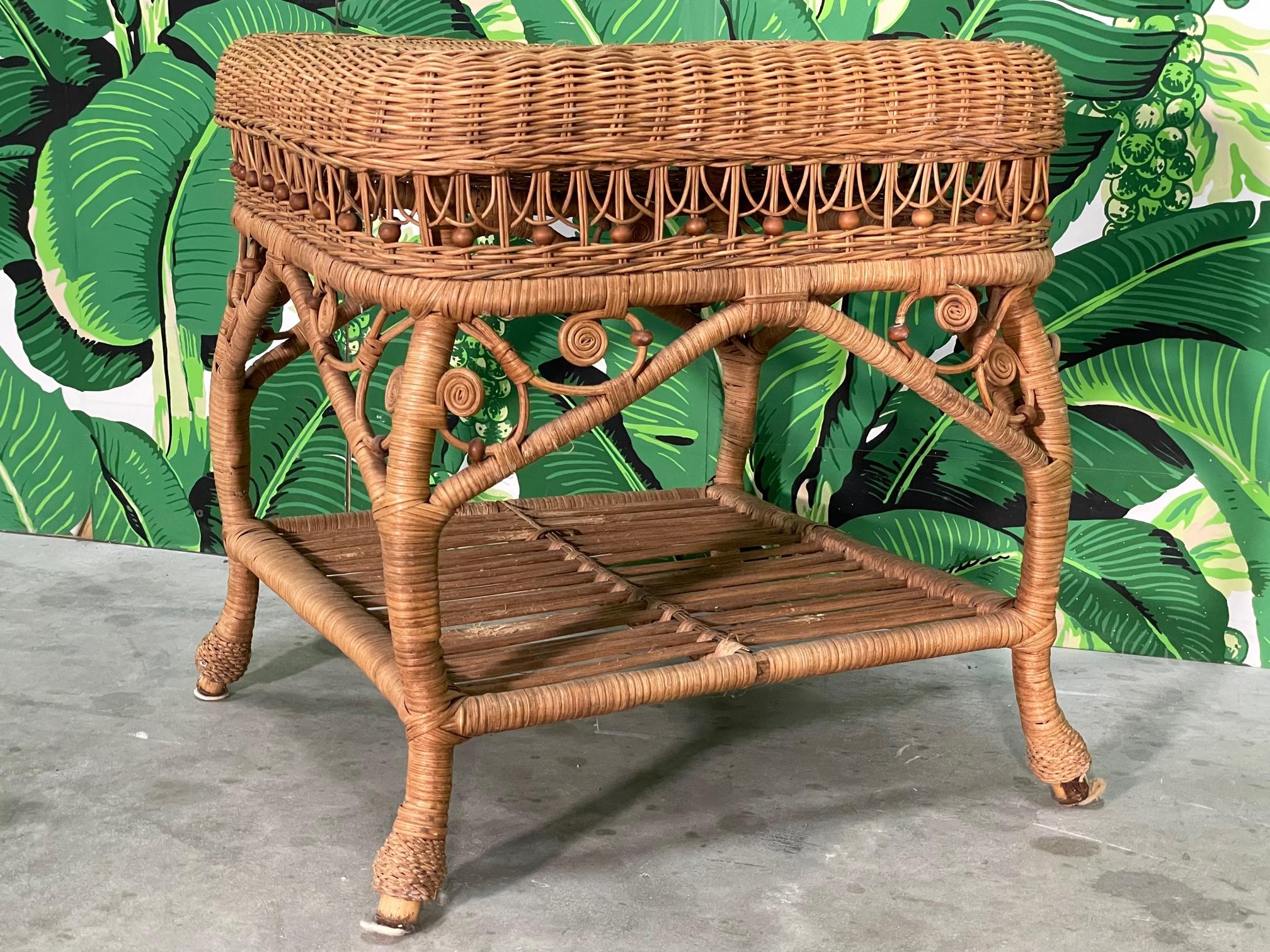 20th Century Wicker Fiddlehead Style Foot Stool or Ottoman in the Manner of Heywood Wakefield For Sale