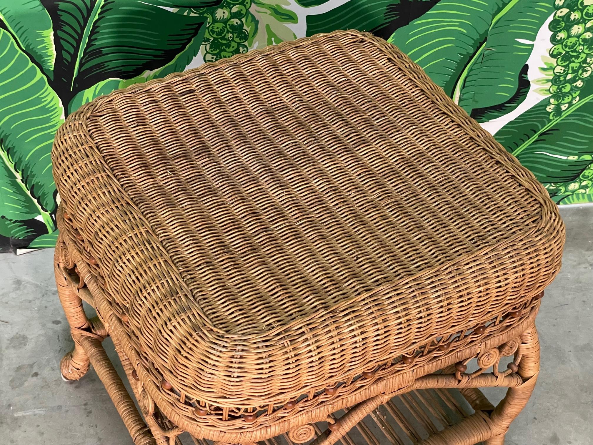 Wicker Fiddlehead Style Foot Stool or Ottoman in the Manner of Heywood Wakefield For Sale 1