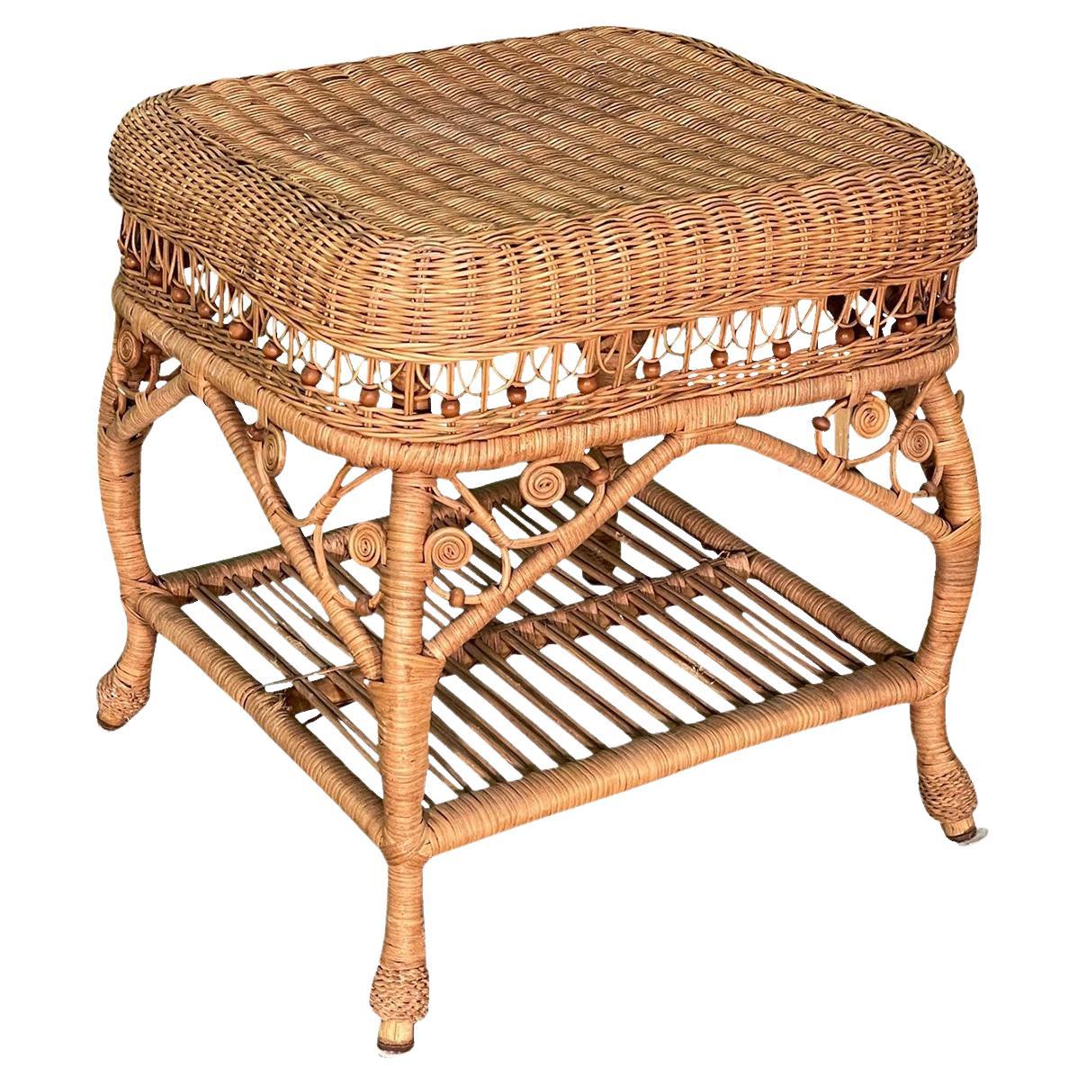 Wicker Fiddlehead Style Foot Stool or Ottoman in the Manner of Heywood Wakefield For Sale