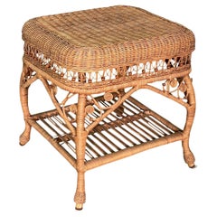 Vintage Wicker Fiddlehead Style Foot Stool or Ottoman in the Manner of Heywood Wakefield