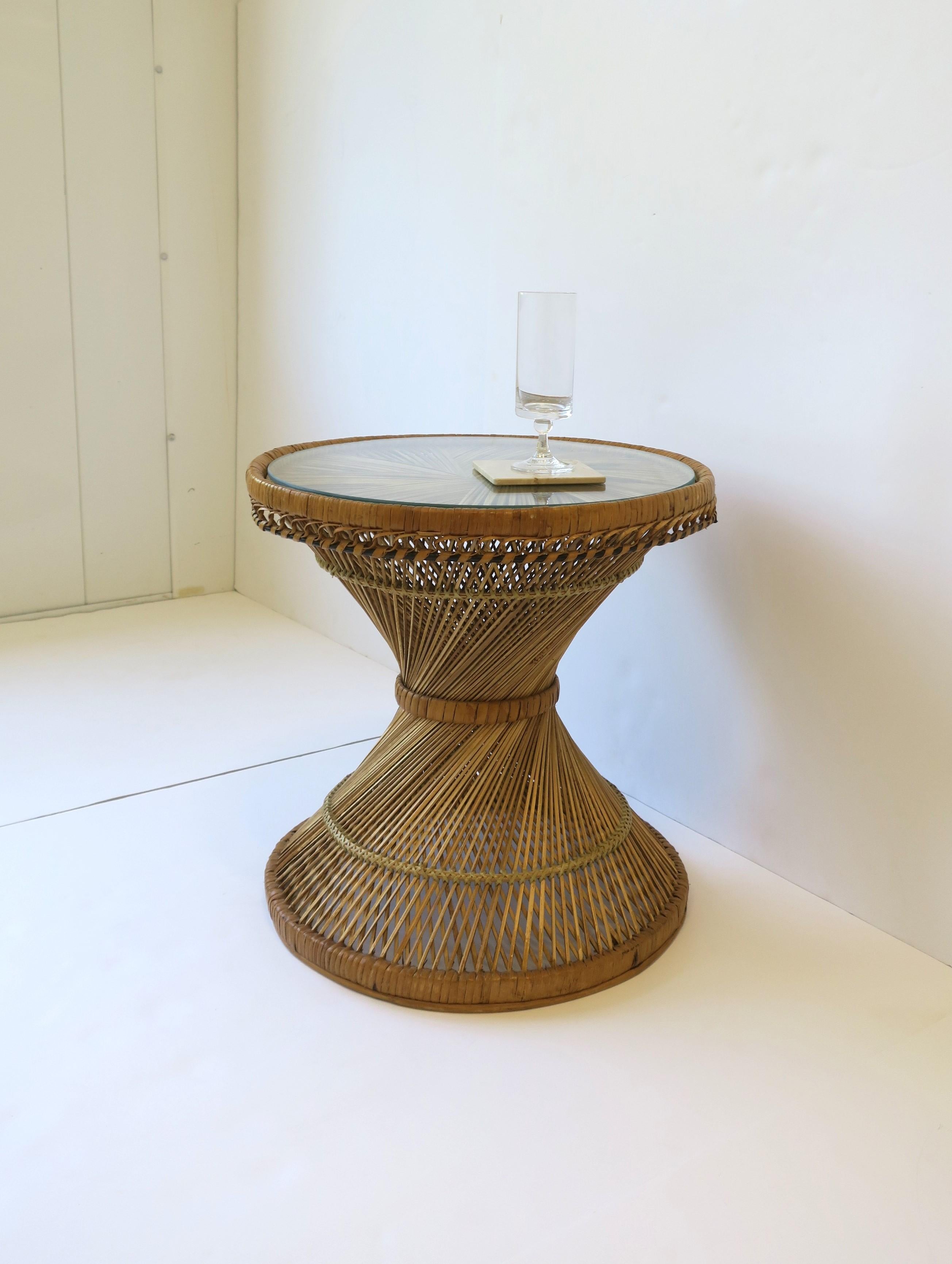 Bohemian Wicker and Glass Side Drinks Table Attributed to Emmanuelle Peacock For Sale