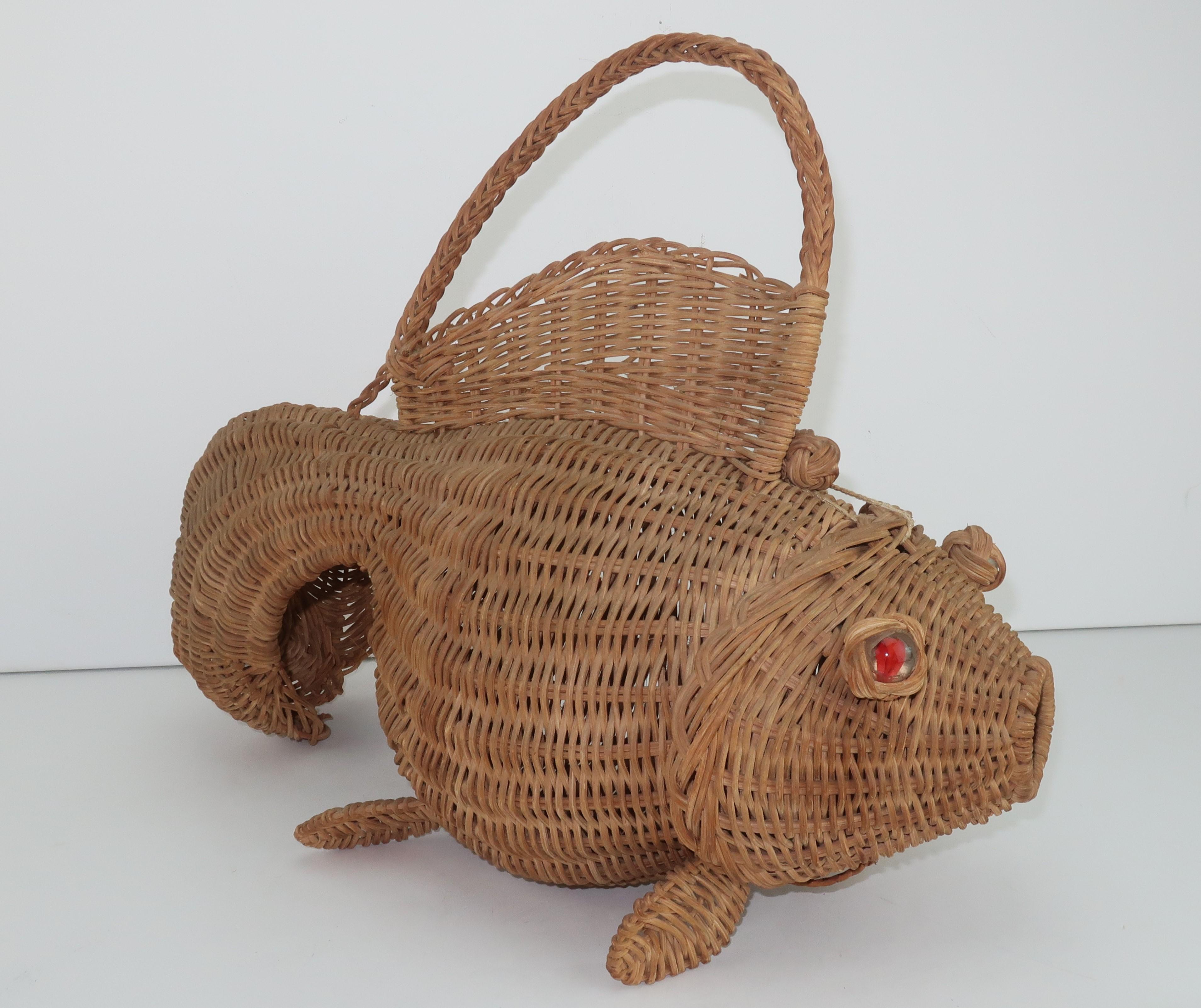 Brown Wicker Goldfish Fish Basket Novelty Handbag, 1950's