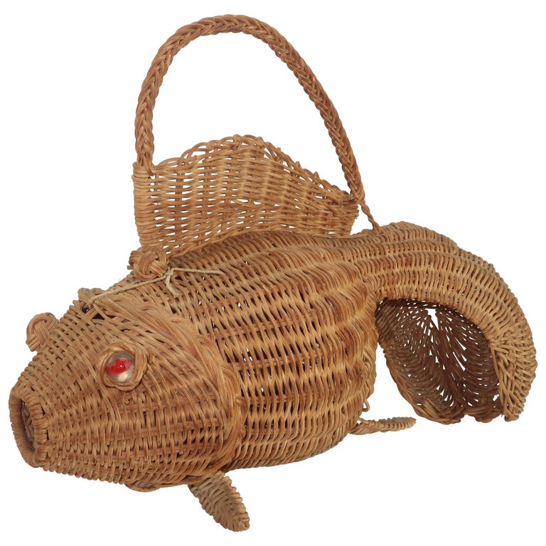 Wicker Goldfish Fish Basket Novelty Handbag, 1950's at 1stDibs