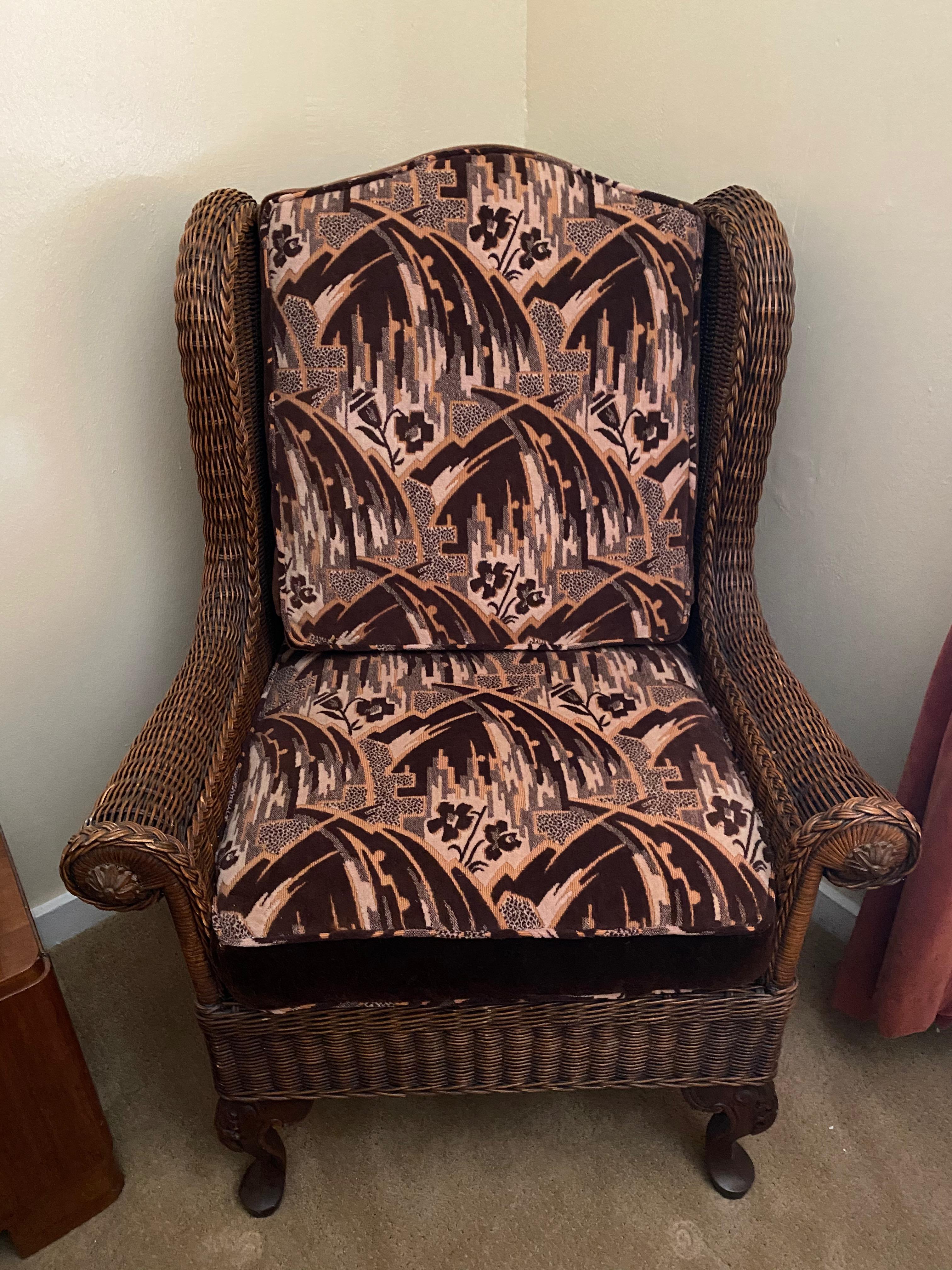 North American Wicker High Back Art Deco Chair and Stool with Original Fabric For Sale