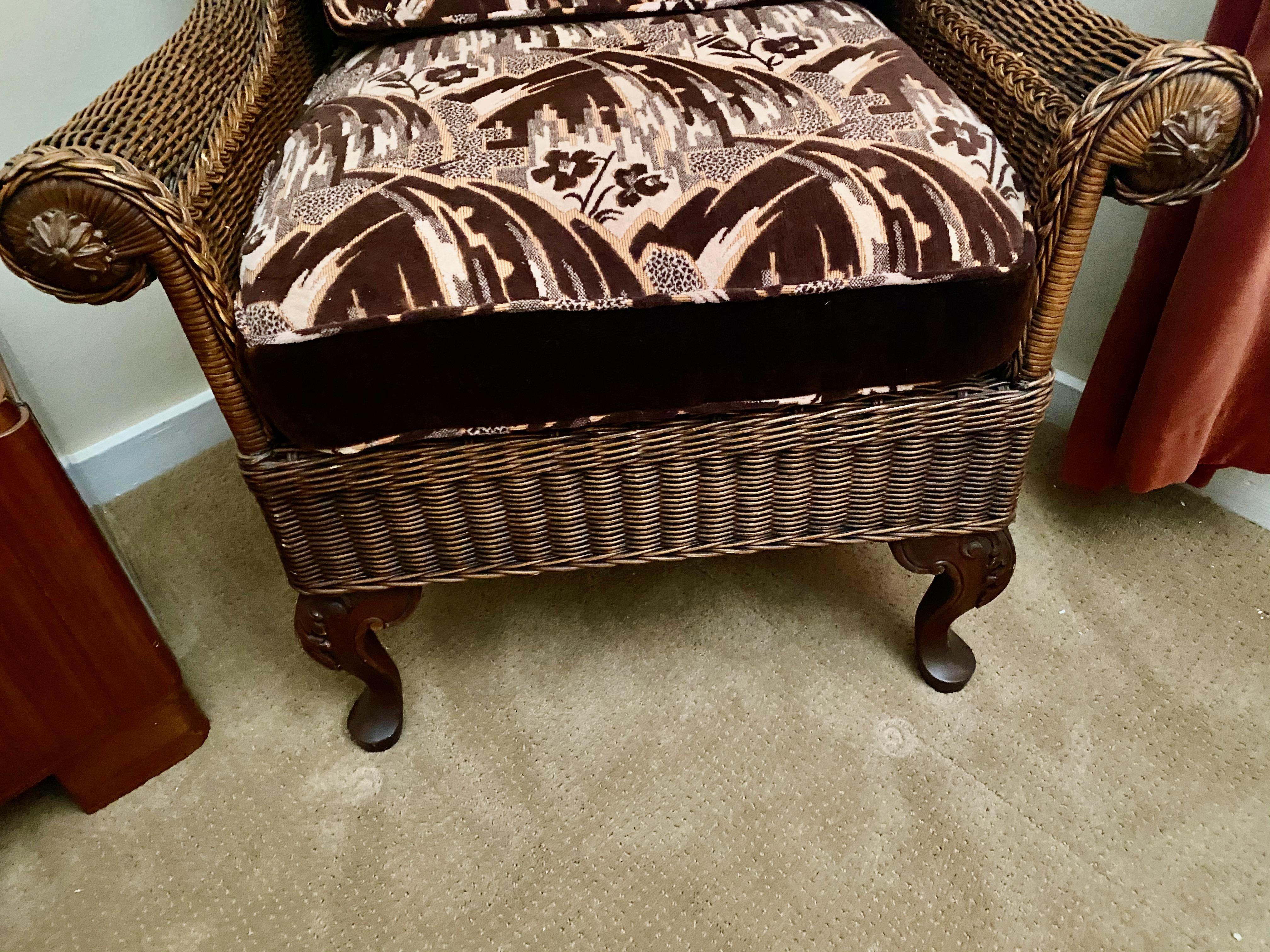 Wicker High Back Art Deco Chair and Stool with Original Fabric In Good Condition For Sale In Oakland, CA