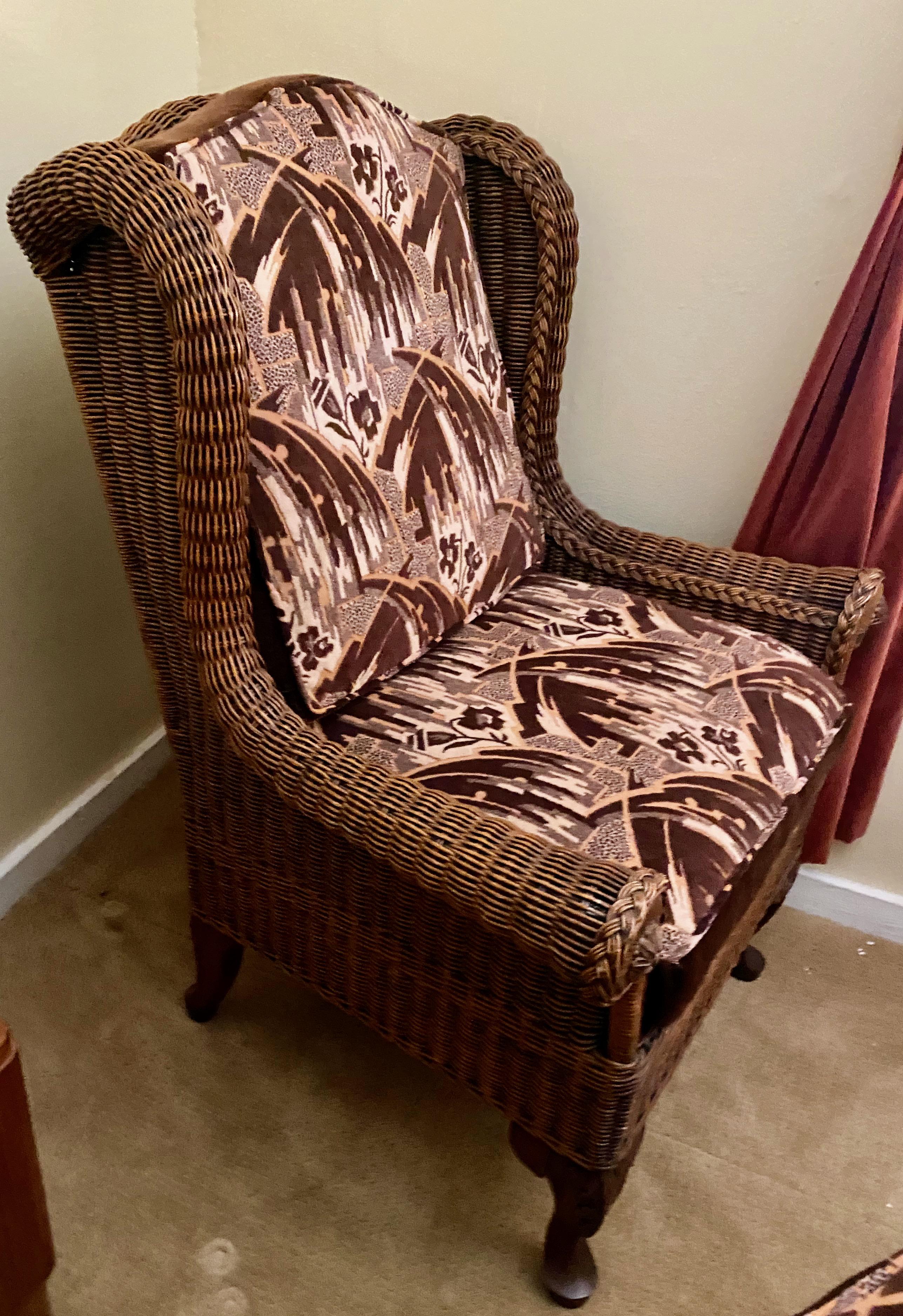 Wicker High Back Art Deco Chair and Stool with Original Fabric For Sale 3