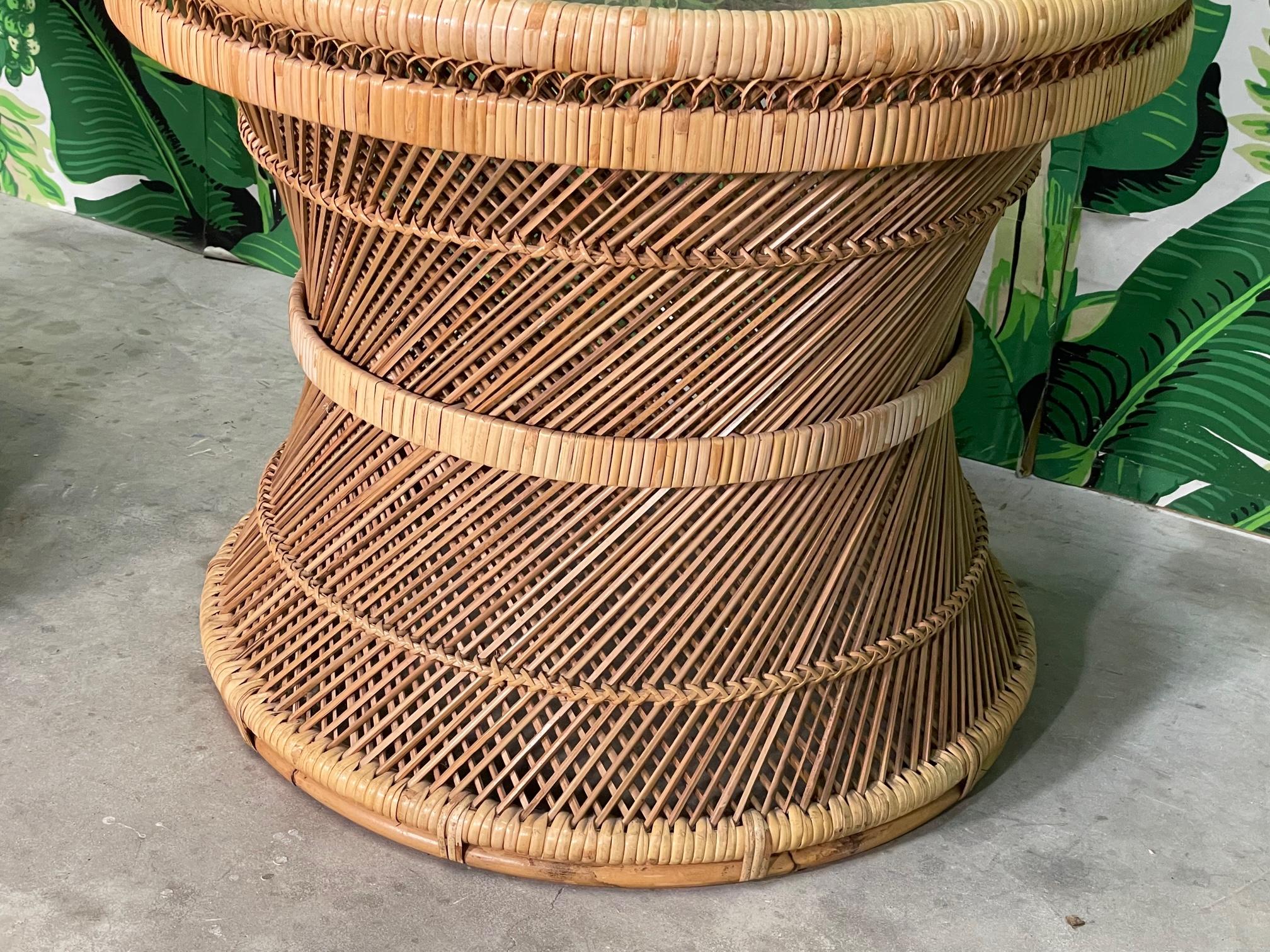 20th Century Wicker Hourglass Glass Top End Tables, a Pair