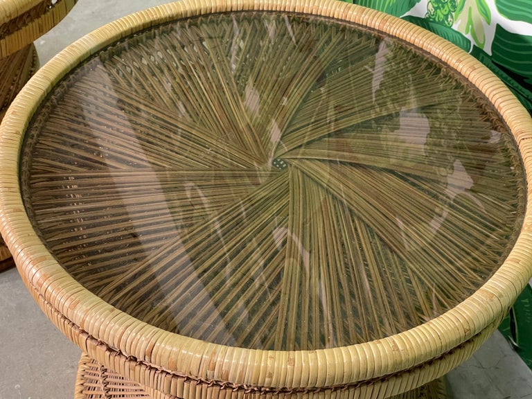 Wicker Hourglass Glass Top End Tables, a Pair For Sale at 1stDibs