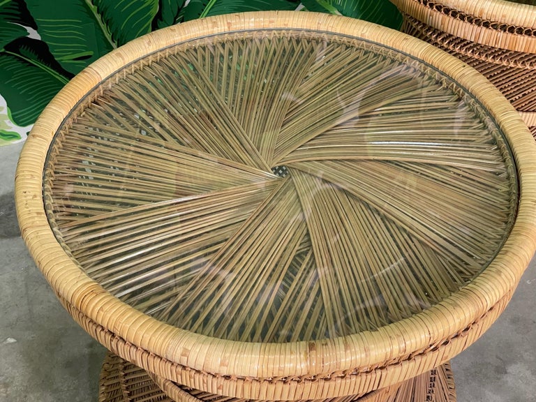 Wicker Hourglass Glass Top End Tables, a Pair For Sale at 1stDibs