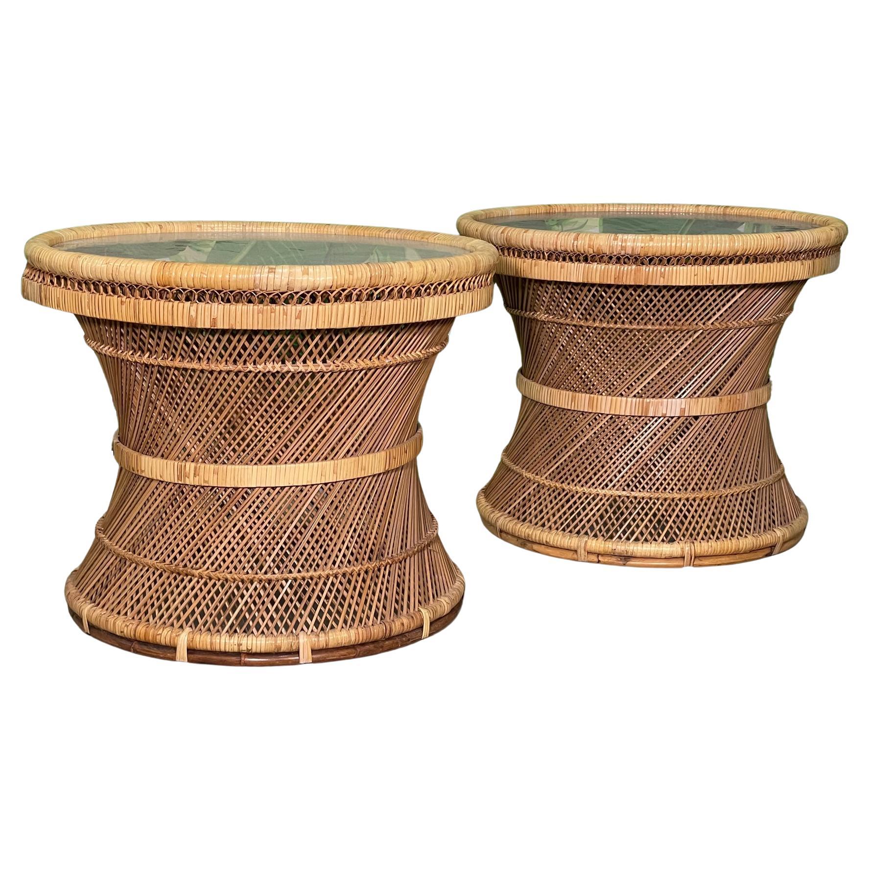 Pair of Elephant Wicker Side End Tables with Tray and Glass Top at 1stDibs