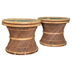 Wicker Hourglass Glass Top End Tables, a Pair