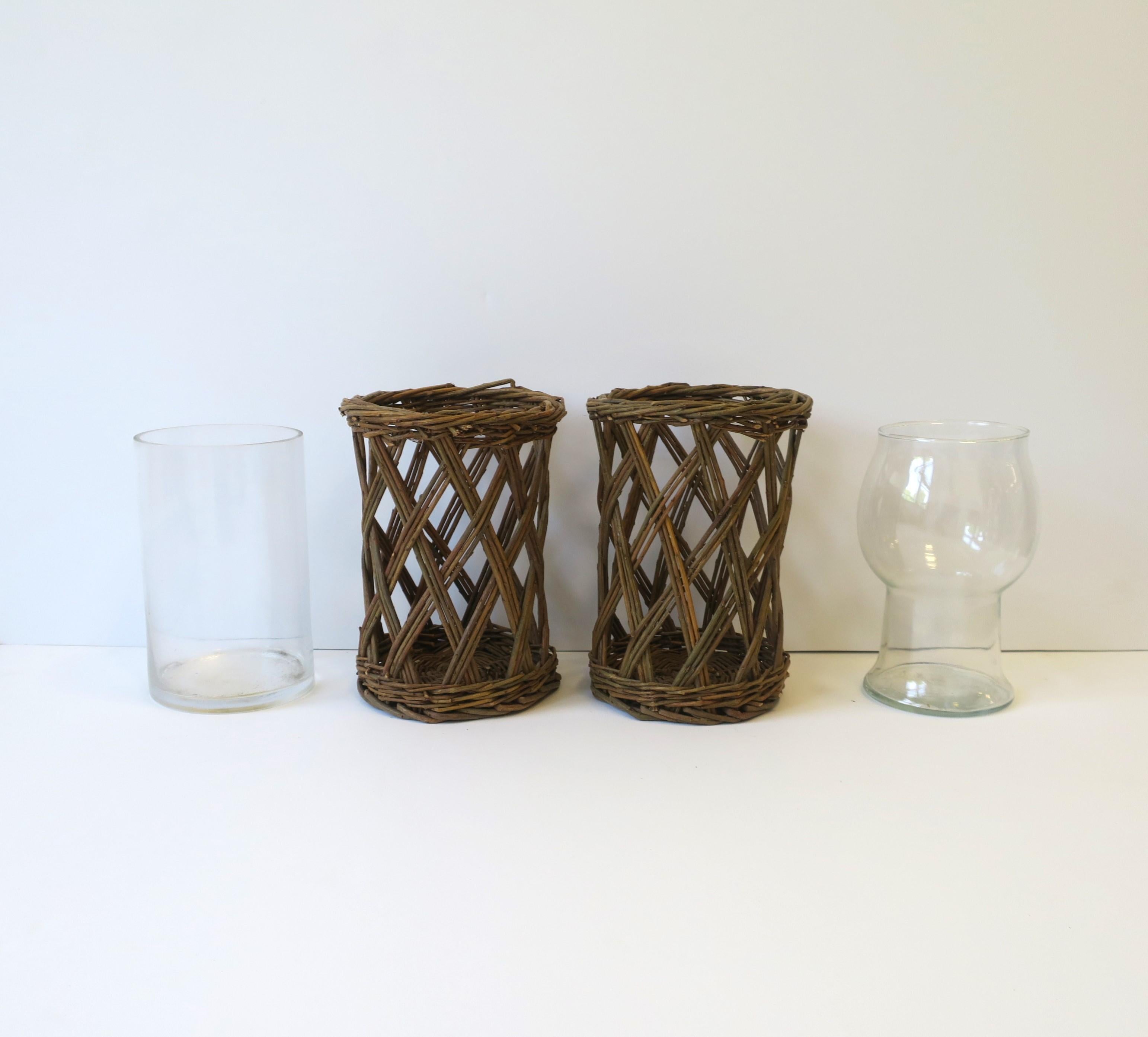 20th Century Wicker and Glass Hurricane Candle Lamps, Pair For Sale