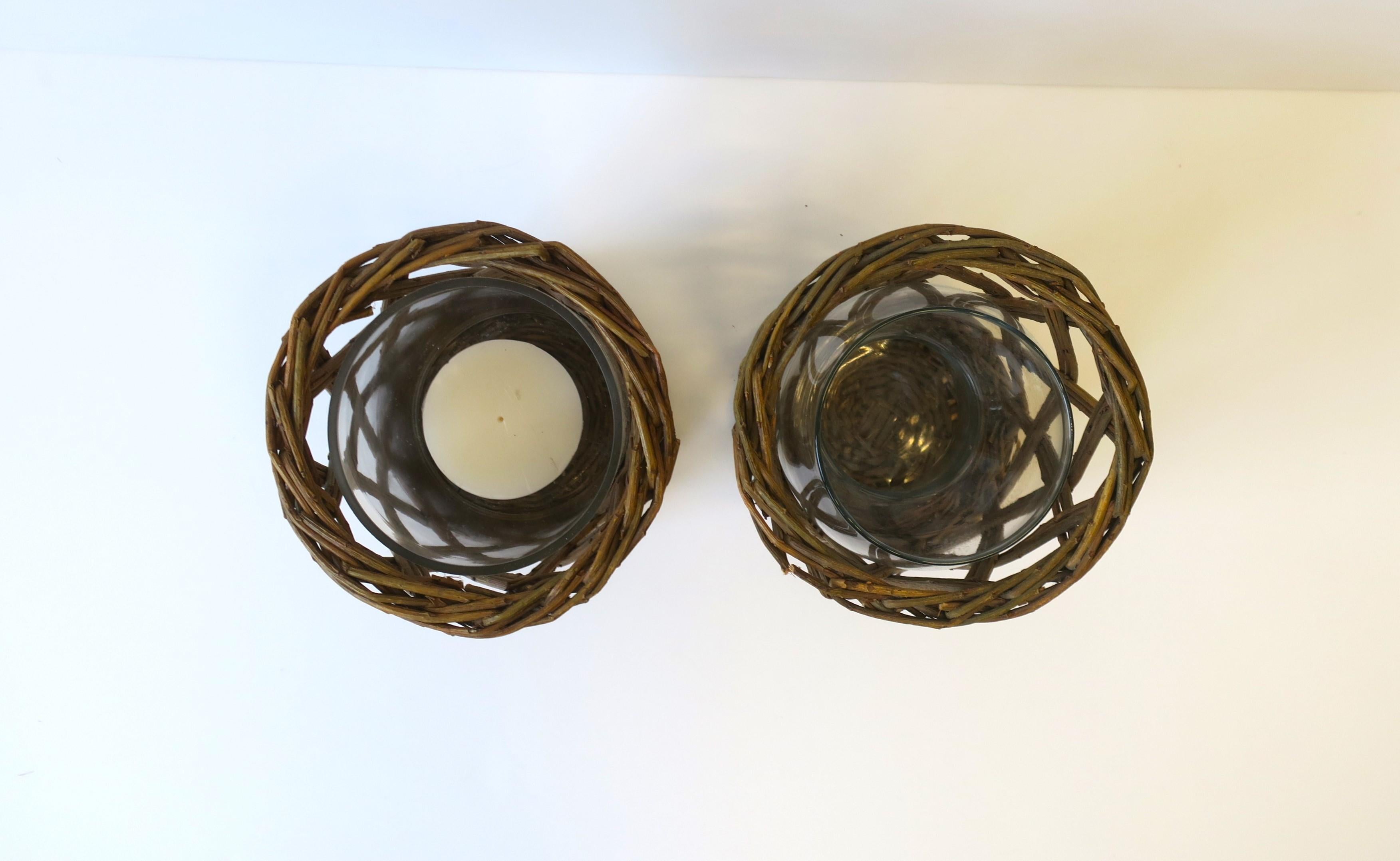 Wicker and Glass Hurricane Candle Lamps, Pair For Sale 1