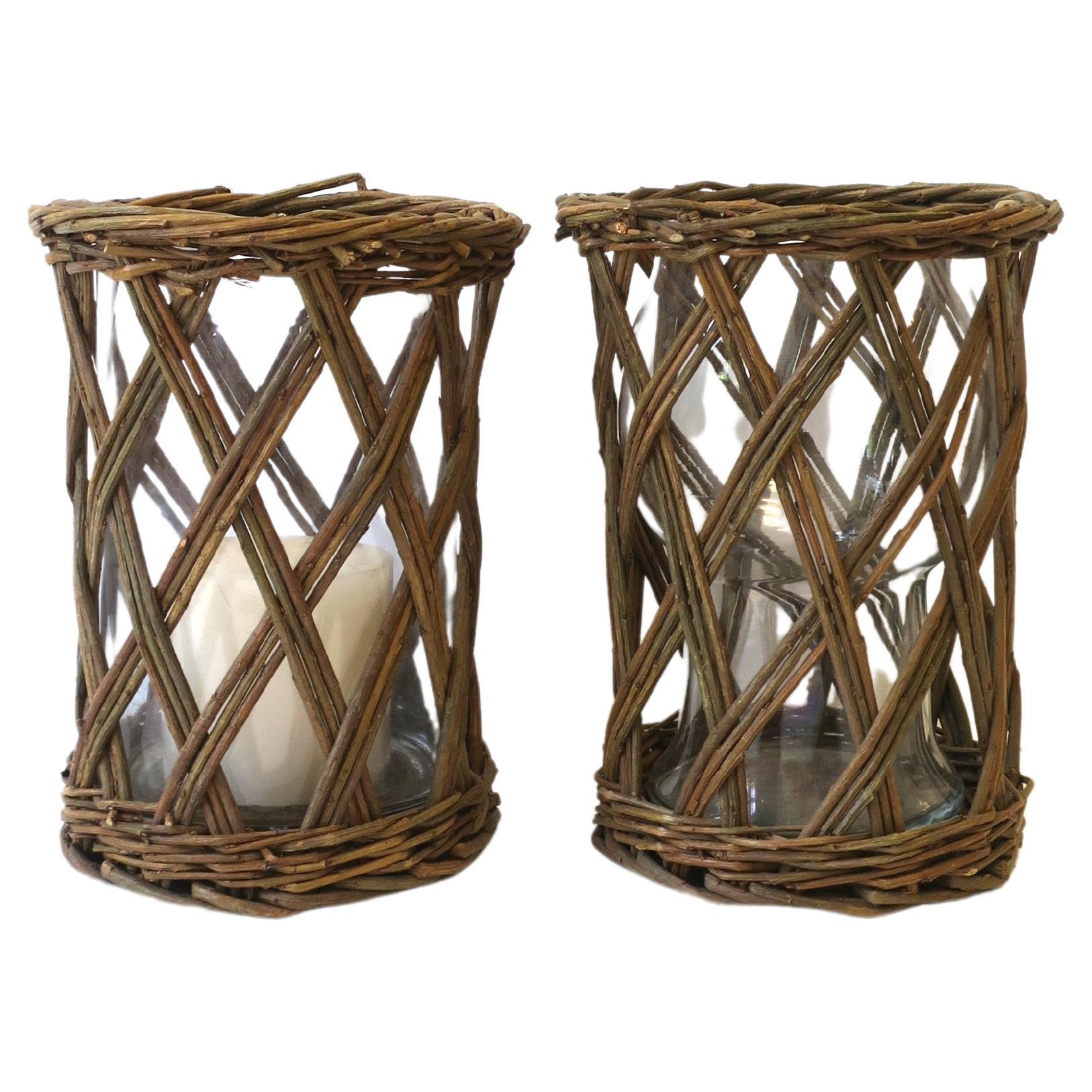 Wicker Hurrican Candle Lamps, Pair