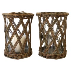 Used Wicker and Glass Hurricane Candle Lamps, Pair