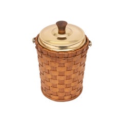 Wicker Ice bucket Brass lid and ice tongs 1960s