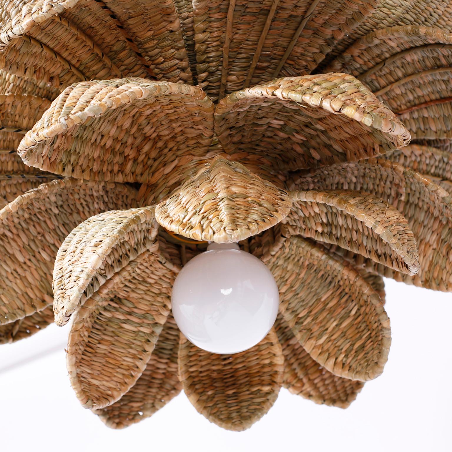 Hand-Woven Wicker Lotus Form Light Fixture or Pendant