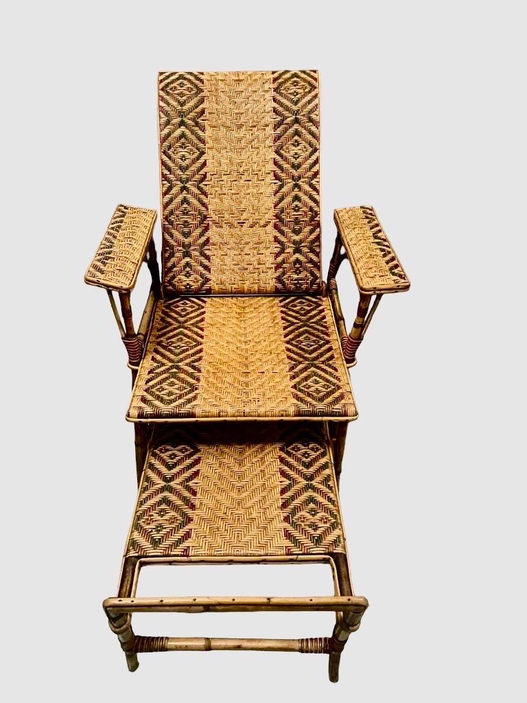 Art Nouveau Wicker Lounge Chair with Ottoman, 1920s, Spain