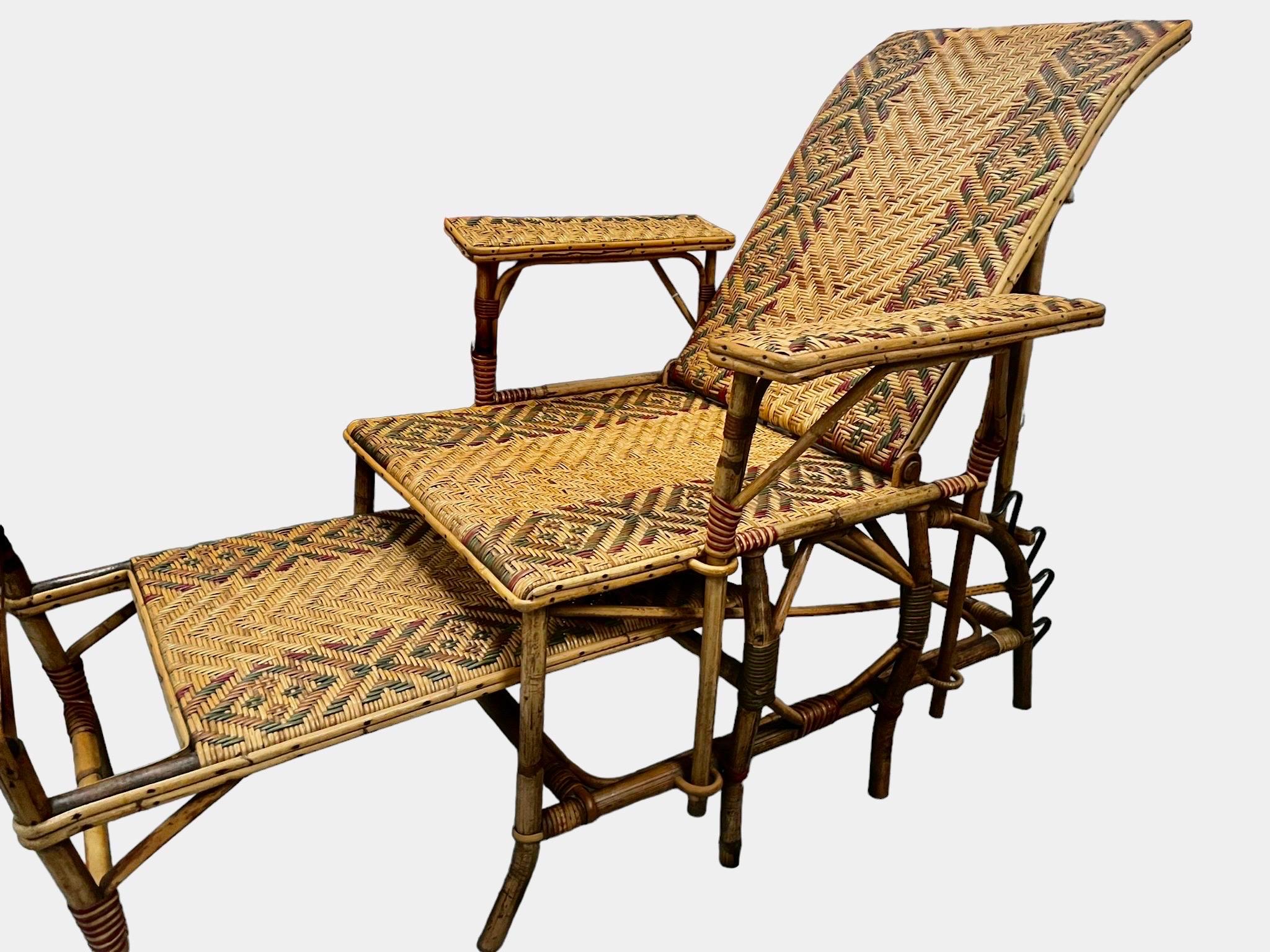 Bamboo Wicker Lounge Chair with Ottoman, 1920s, Spain