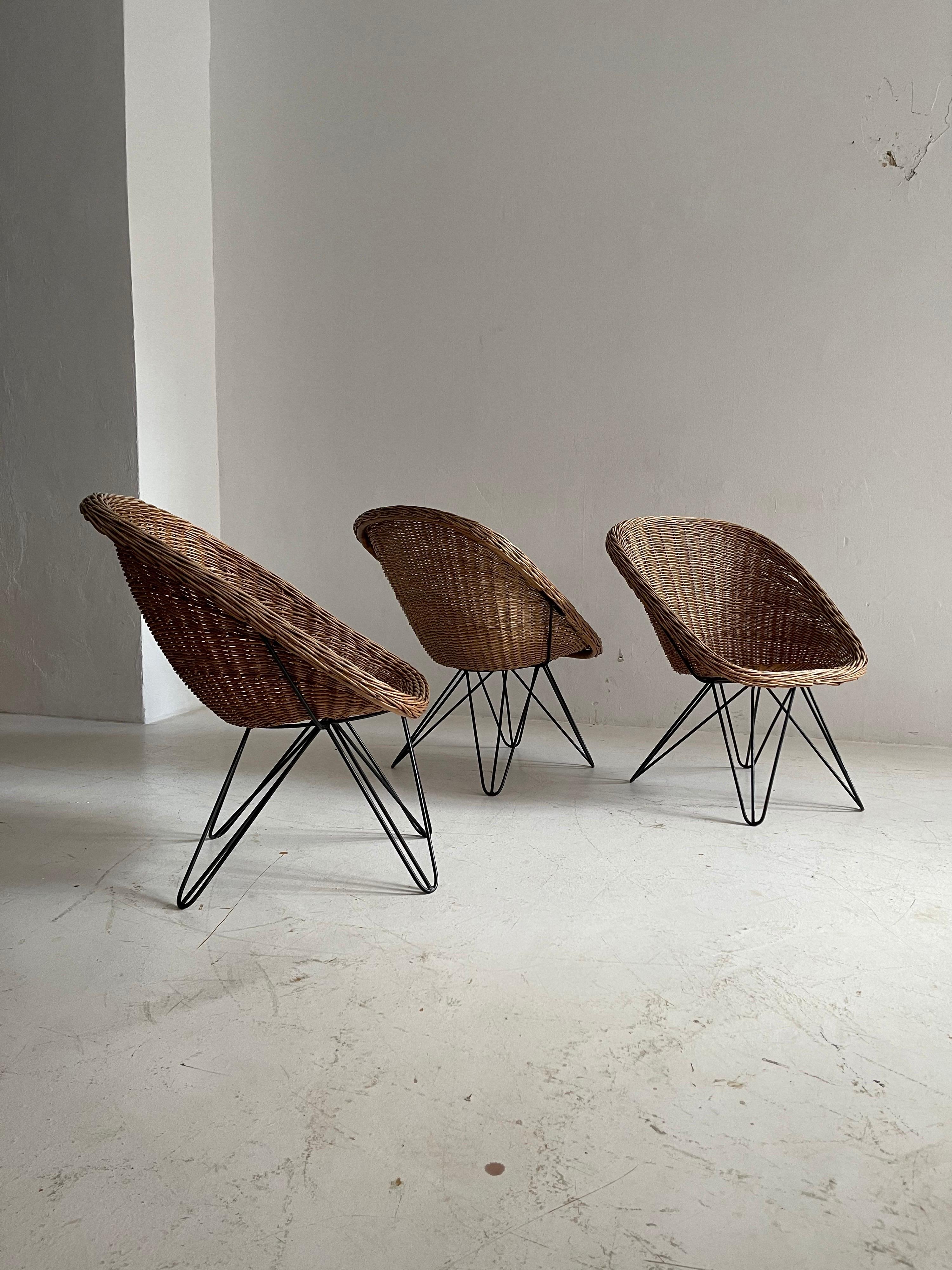 Metal Barrel Wicker Lounge Chairs by Sonett, Austria, 1950s For Sale