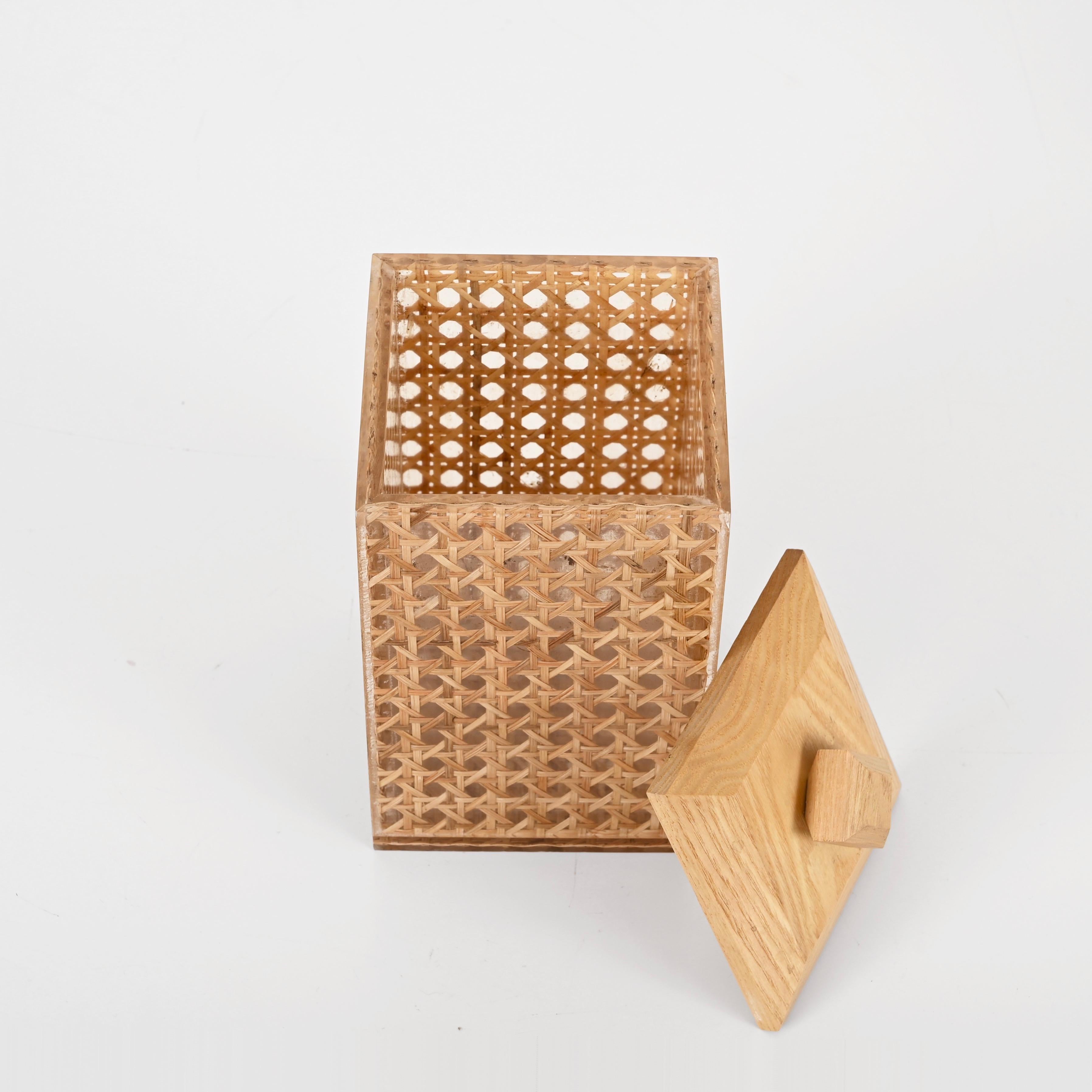 Italian Wicker, Lucite an Wood Decorative Box, Christian Dior Style, Italy 1970s  For Sale