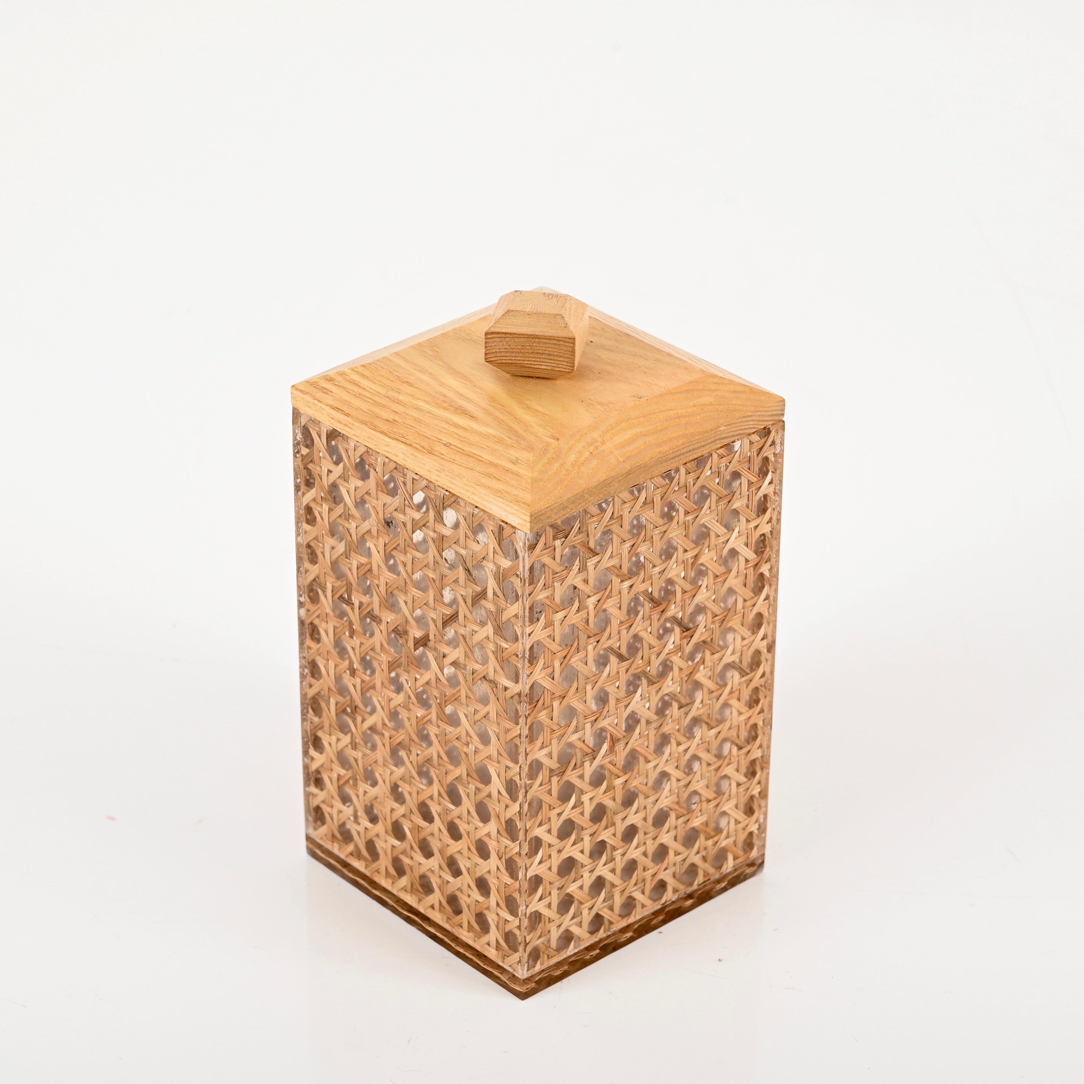 Late 20th Century Wicker, Lucite an Wood Decorative Box, Christian Dior Style, Italy 1970s  For Sale