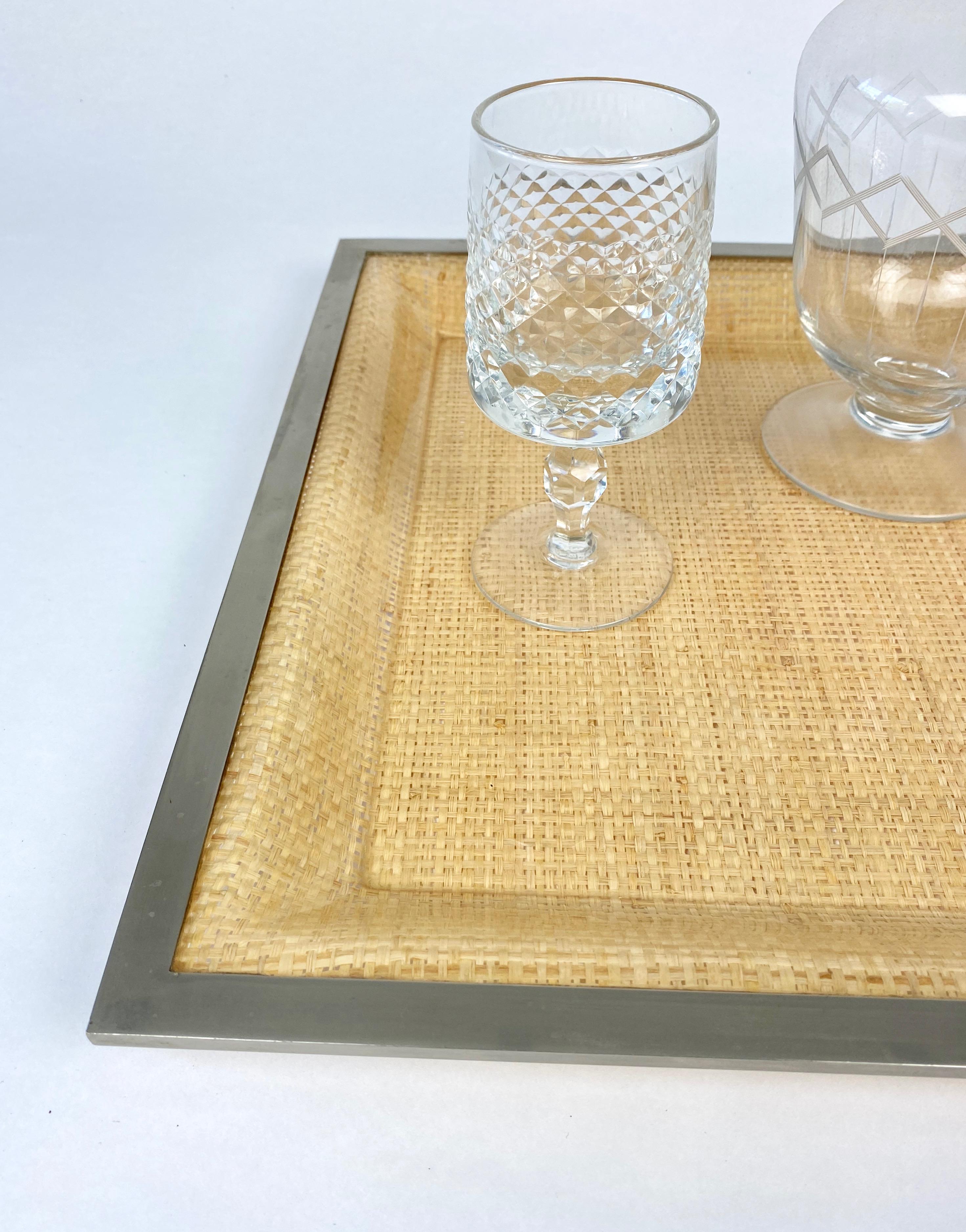 Wicker Lucite Serving Tray Metal Frame by Janetti, Italy, 1970s For Sale 4