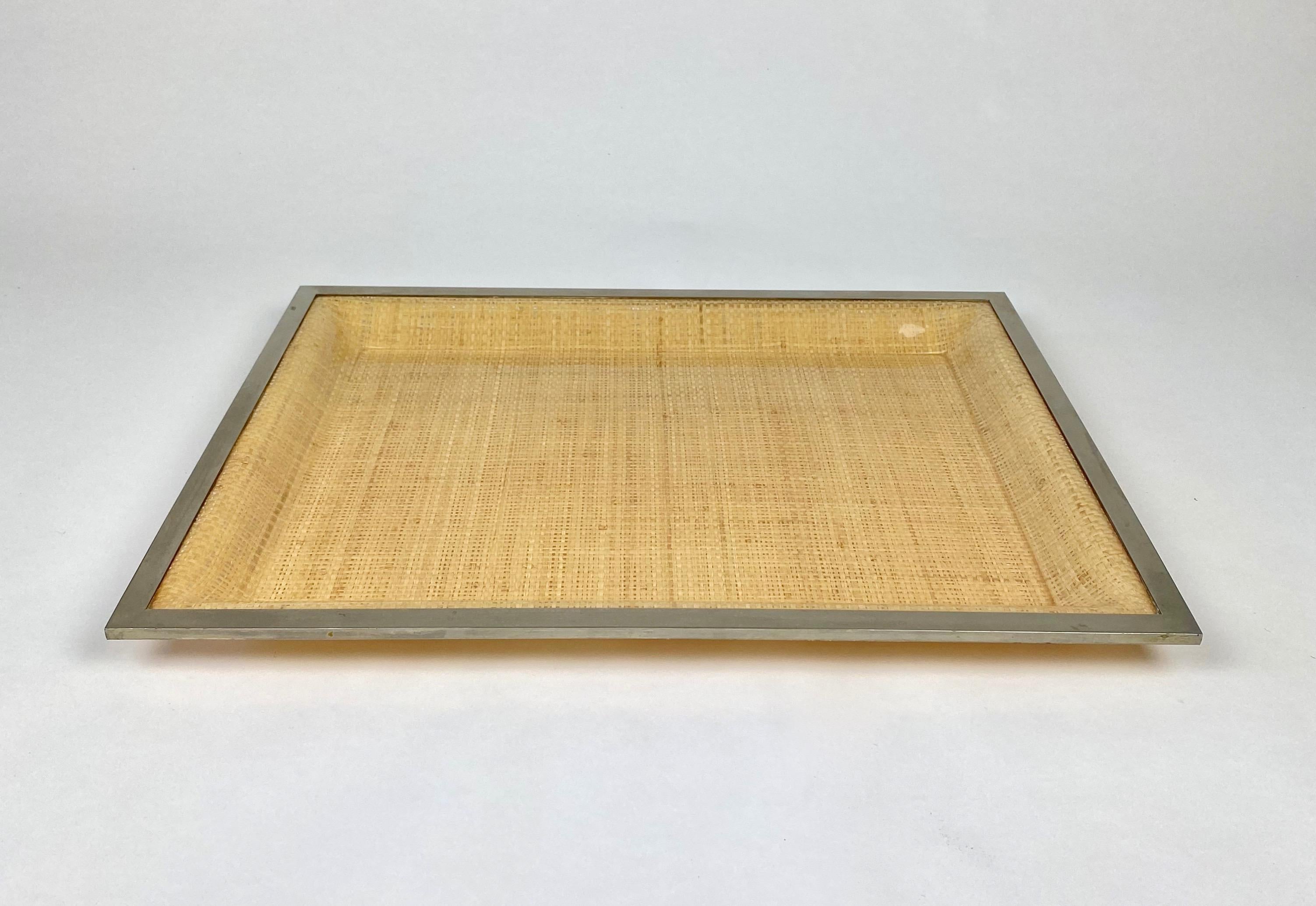 Serving tray in Lucite wicker and metal frame by Janetti Roma Firenze (original label attached on the back), Italy, 1970s.